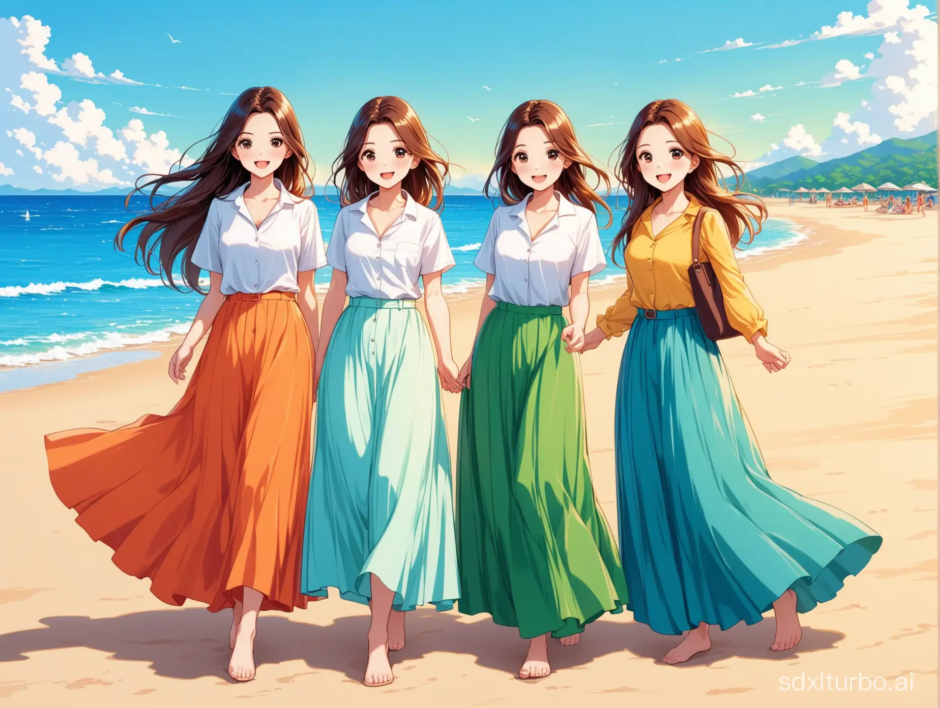 Four girls wearing long skirts enjoy a trip on the beach, in the form of cartoon pictures
