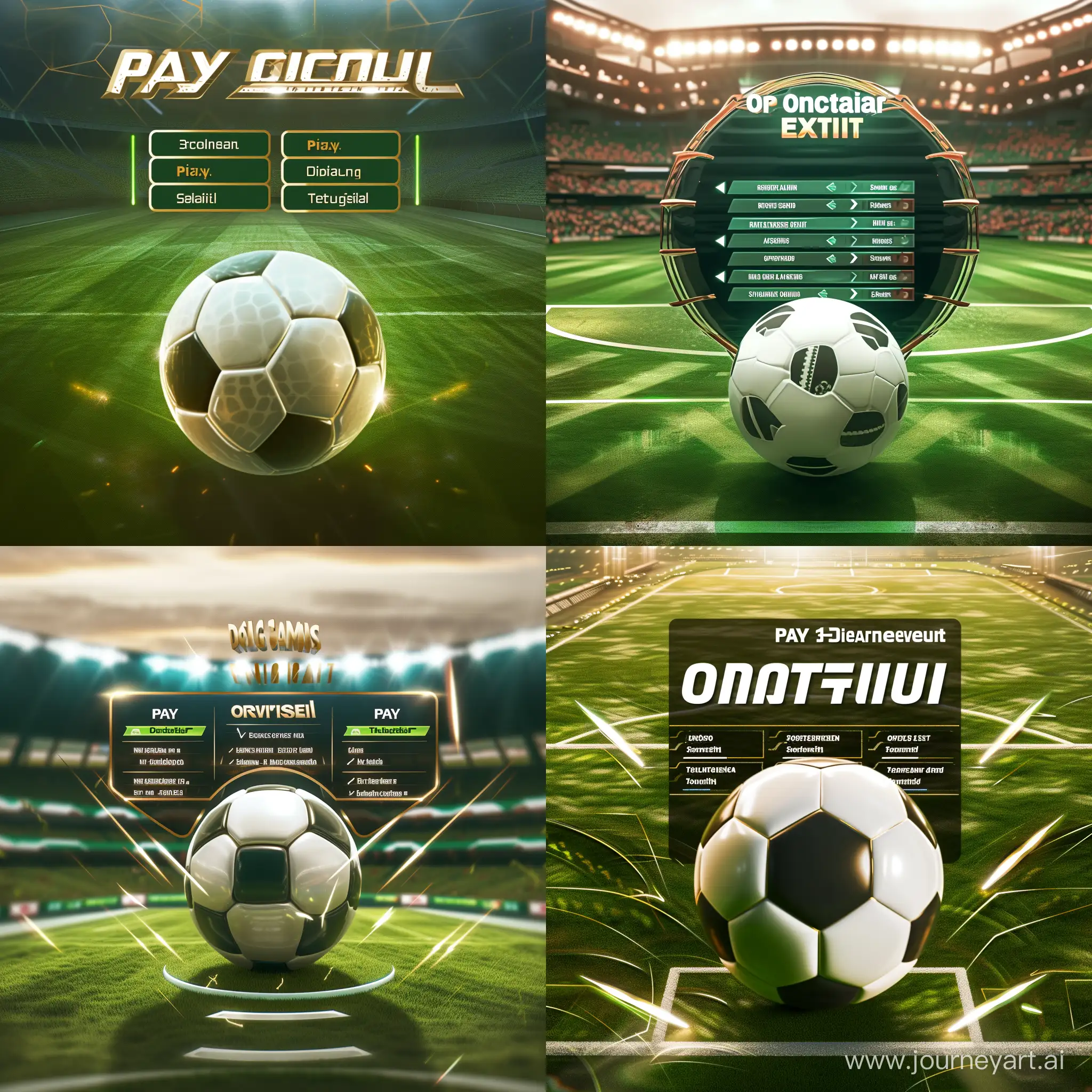 Design the concept art for the main menu screen of a modern PC soccer simulator game. The interface should feature a sleek and sophisticated design, with a photo-realistic grass pitch in the background that exudes the atmosphere of an electrifying match day. The foreground should showcase a 3D-rendered soccer ball at the center. Above the ball, include the game's title in a bold, dynamic font that captures the energy of the sport. Arrange the menu options—'Play', 'Options', 'Tutorial', 'Exit'—in a user-friendly and intuitive layout, using a clean, modern typeface that's easy to read. The color scheme should incorporate vibrant greens and whites, reminiscent of a soccer field, with subtle accents of gold to suggest a premium gaming experience. Apply subtle lighting effects to create depth and focus on the soccer ball and title, making them the focal points of the screen. The overall aesthetic should be high-tech yet welcoming, inviting players to dive into the virtual soccer experience.