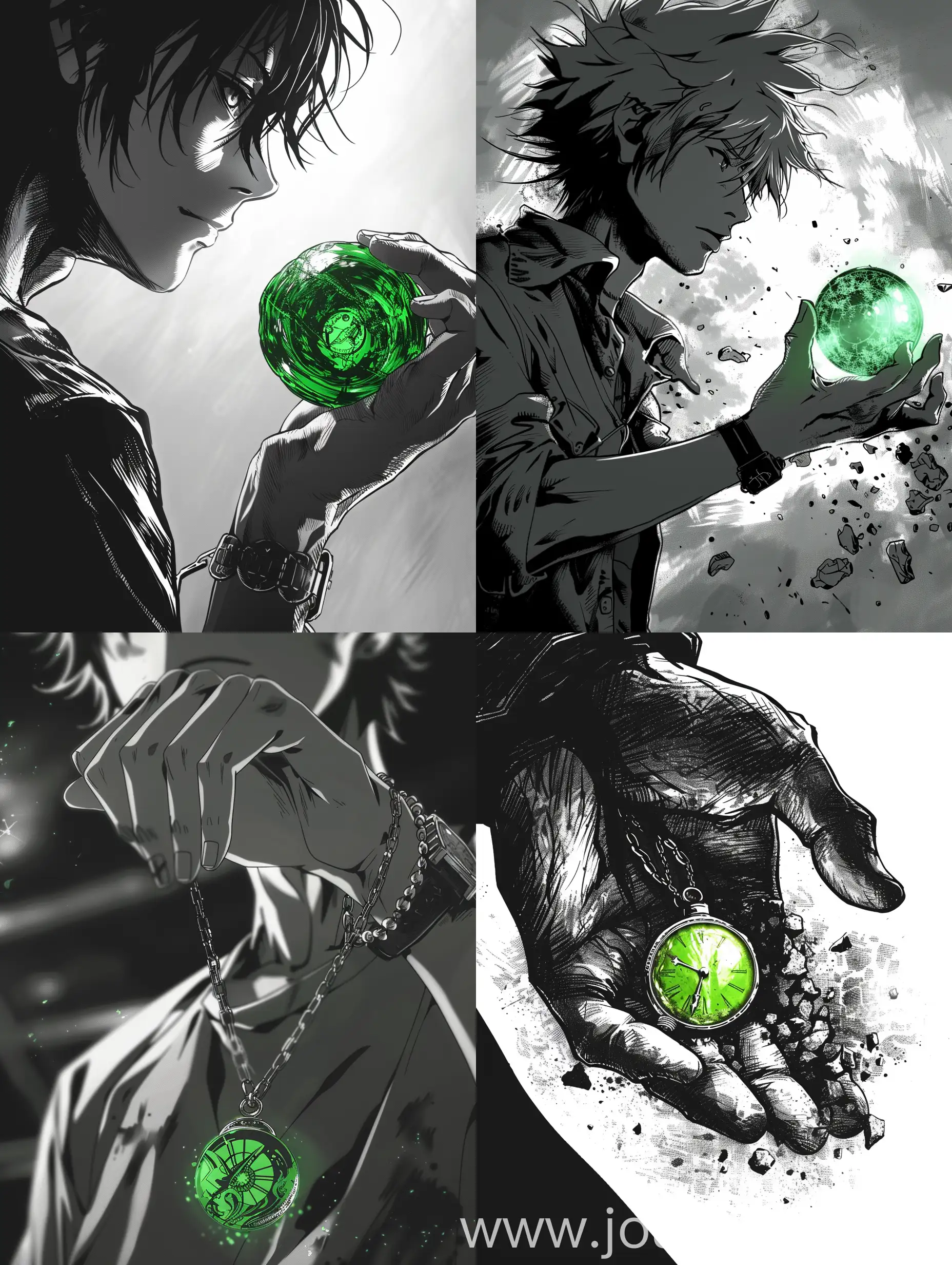 The green time amulet in the guy's hand, manga style, black and white.