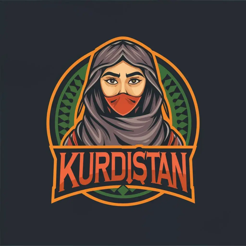logo, kurdish female freedom fighter with face covered, with the text "KURDISTAN", typography, be used in Entertainment industry