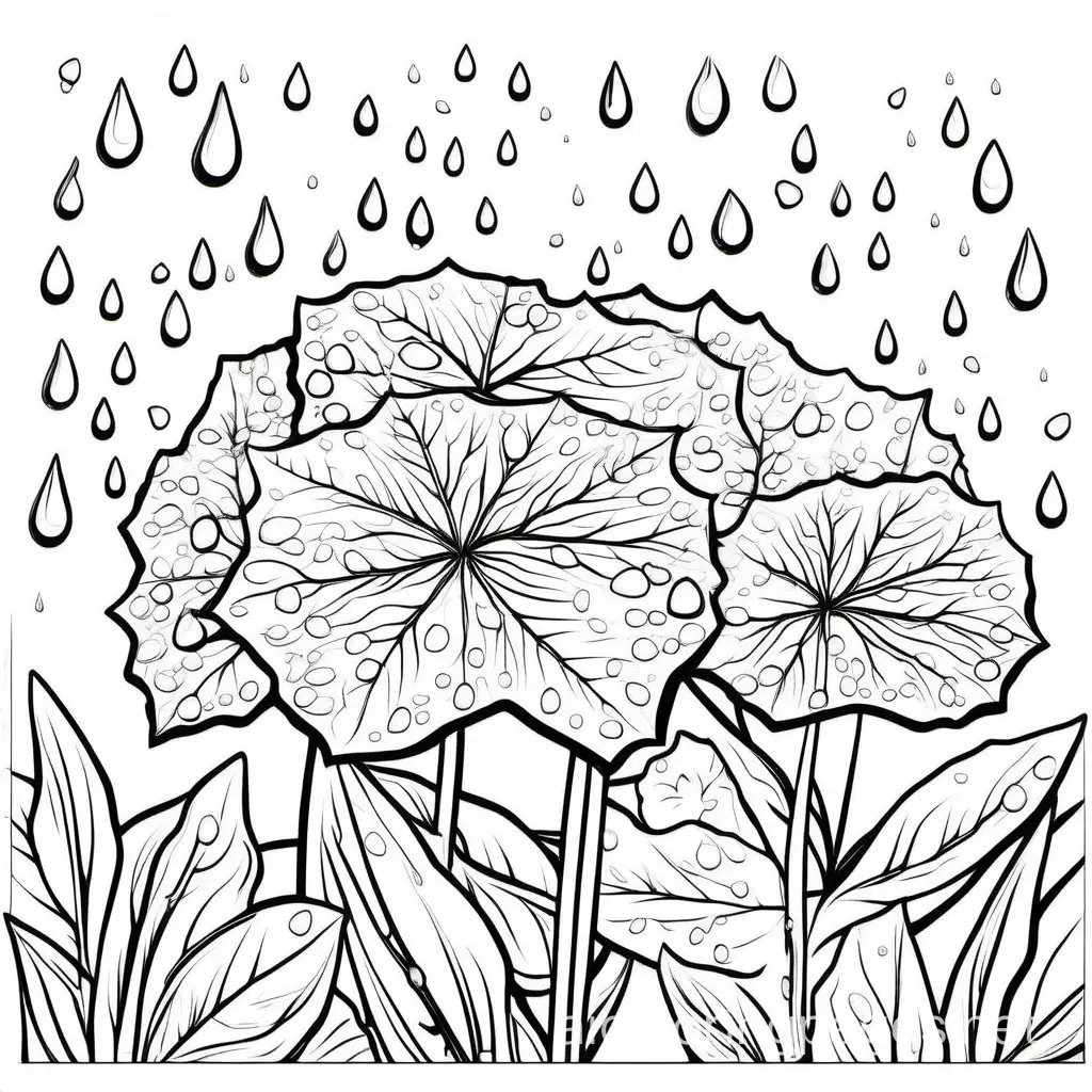 create a picture with raindrops splashing on a hydrangea bush 

, Coloring Page, black and white, line art, white background, Simplicity, Ample White Space. The background of the coloring page is plain white to make it easy for young children to color within the lines. The outlines of all the subjects are easy to distinguish, making it simple for kids to color without too much difficulty