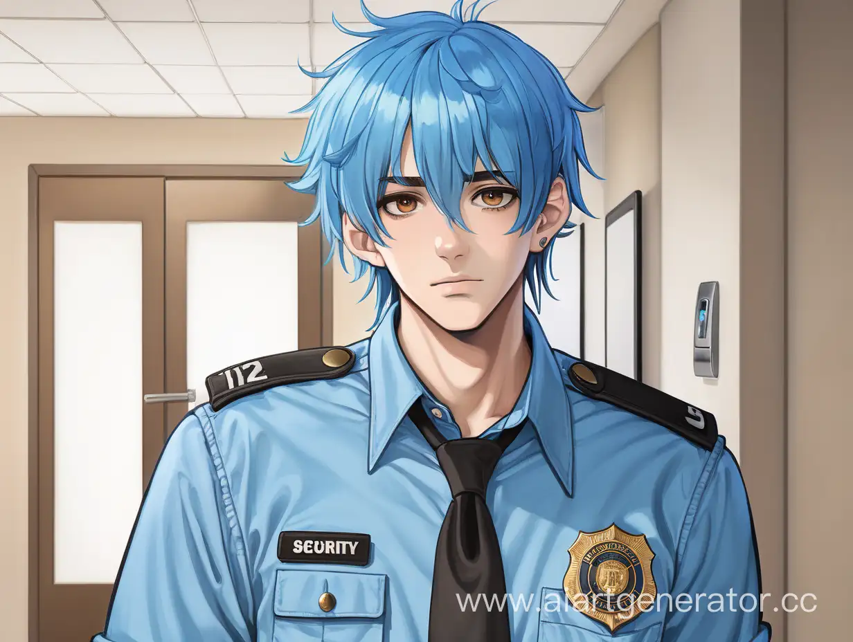 Молодой парень в полный рост с голубыми растрёпанными волосами и карими глазами. В голубой рубашке со значком охранника и в черных брюках 