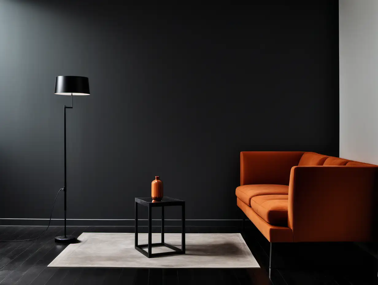 Commercial Photography, modern minimalist room interior with burnt orange sofa and black floor lamp