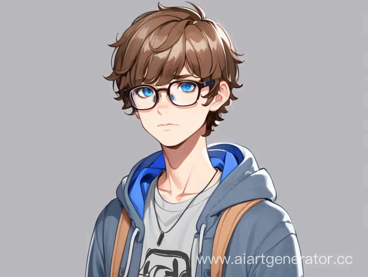 Character.A gender-neutral character, short in stature and wearing glasses..A tired-looking student with blue eyes and medium-length brown hair.Generate the clothes yourself!Full height.