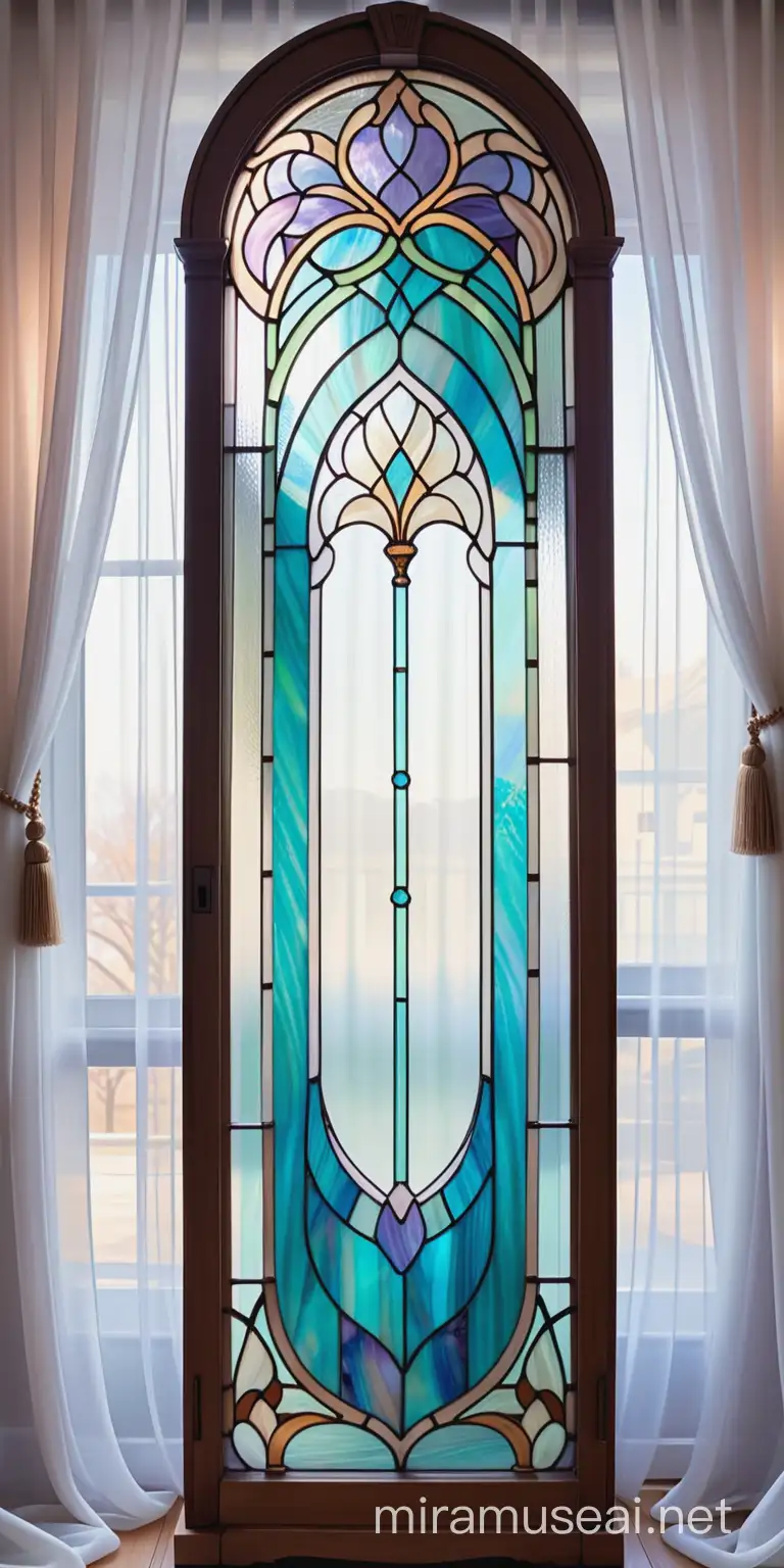витражная ниша в стиле
ар нуво из белого, голубого, бирюзового, сиреневого и бежевого стекла тифани стоит на фоне штор из белой органзы