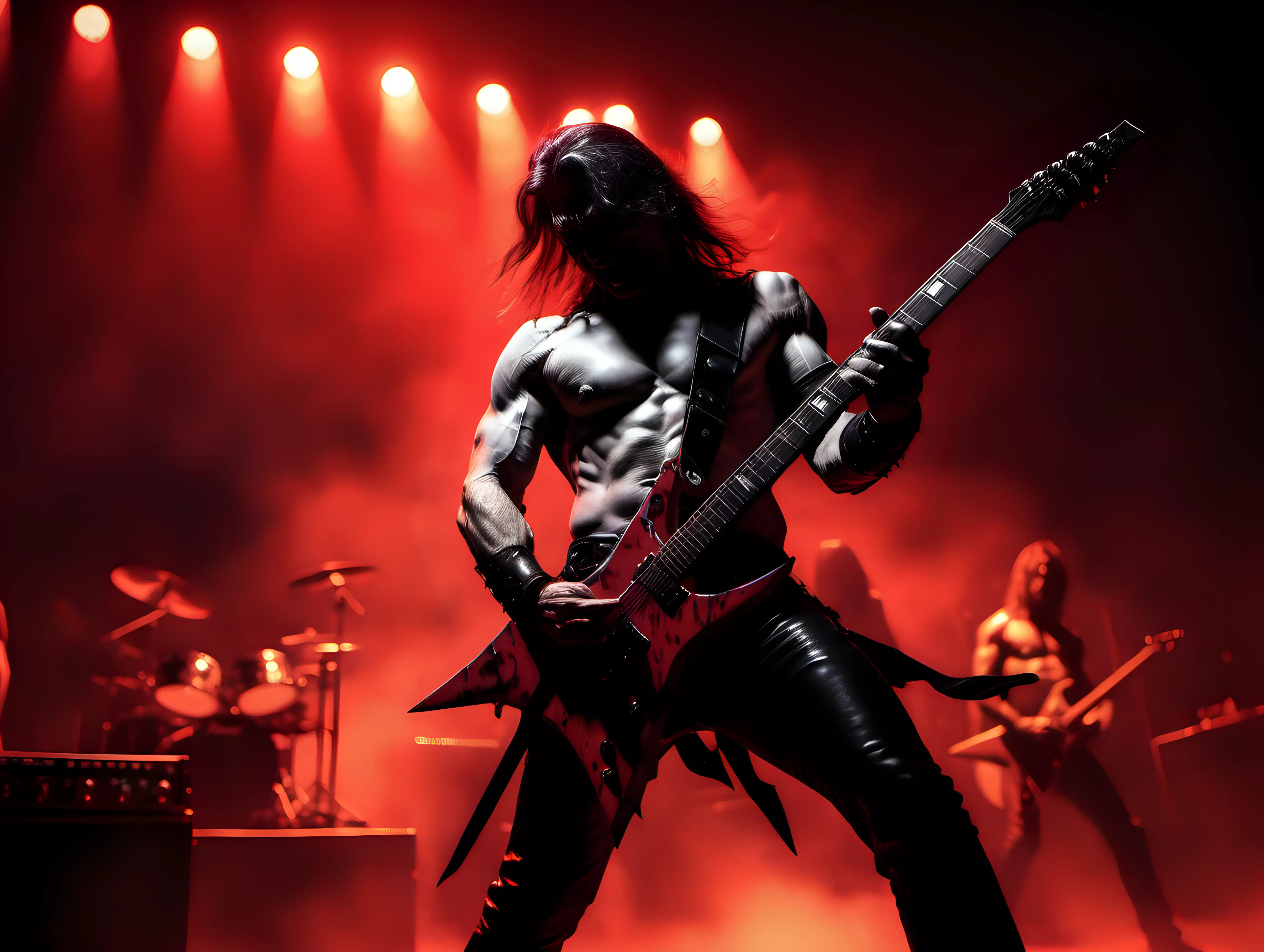 Heavy metal guitarist soloing on stage with red light coming from behind  Frank Frazetta style