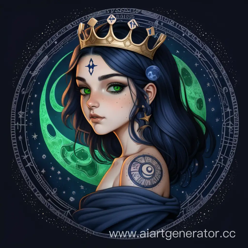 Девушка 18 лет с темными волосами и зелеными глазами на темном фоне звезд на ключице тату знака зодиака рак темно синего цвета  у нее на голове корона в виде луны
