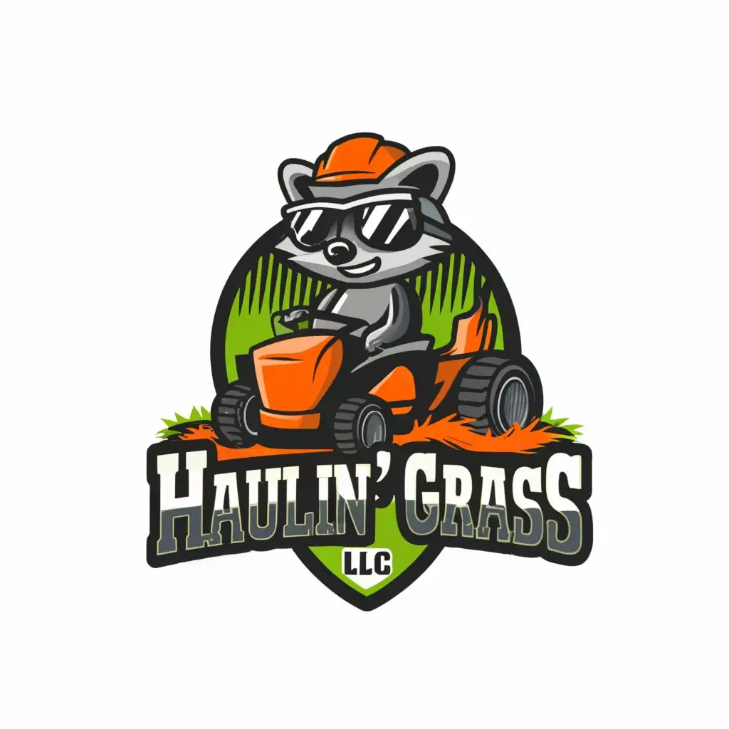 a logo design, with the text 'Haulin' Grass LLC', main symbol: a raccoon with glasses on a Zero turn lawn mower, green grass, fast, complex, clear background