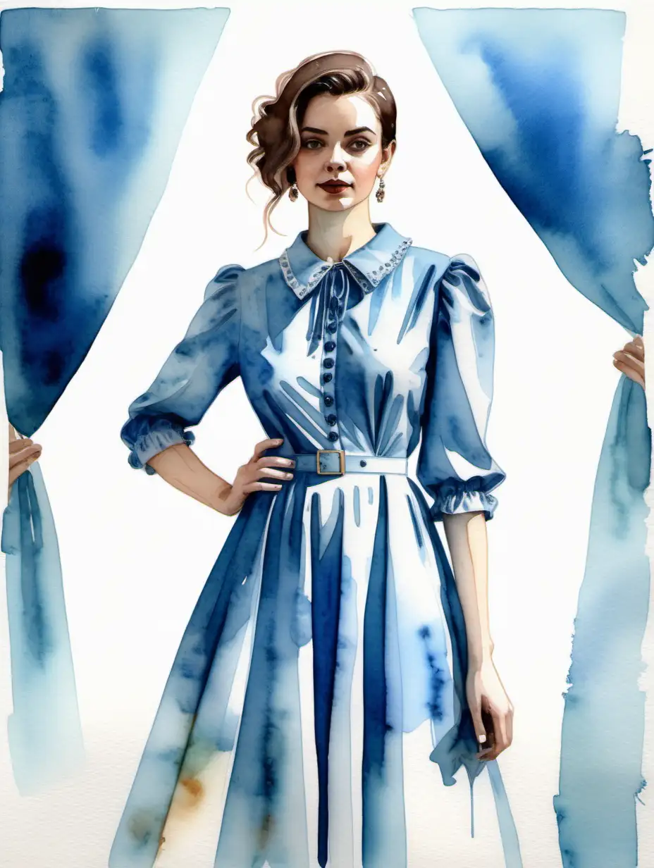 Portrait of a female influencer in a blue vintage dress, a striking composition, watercolour 