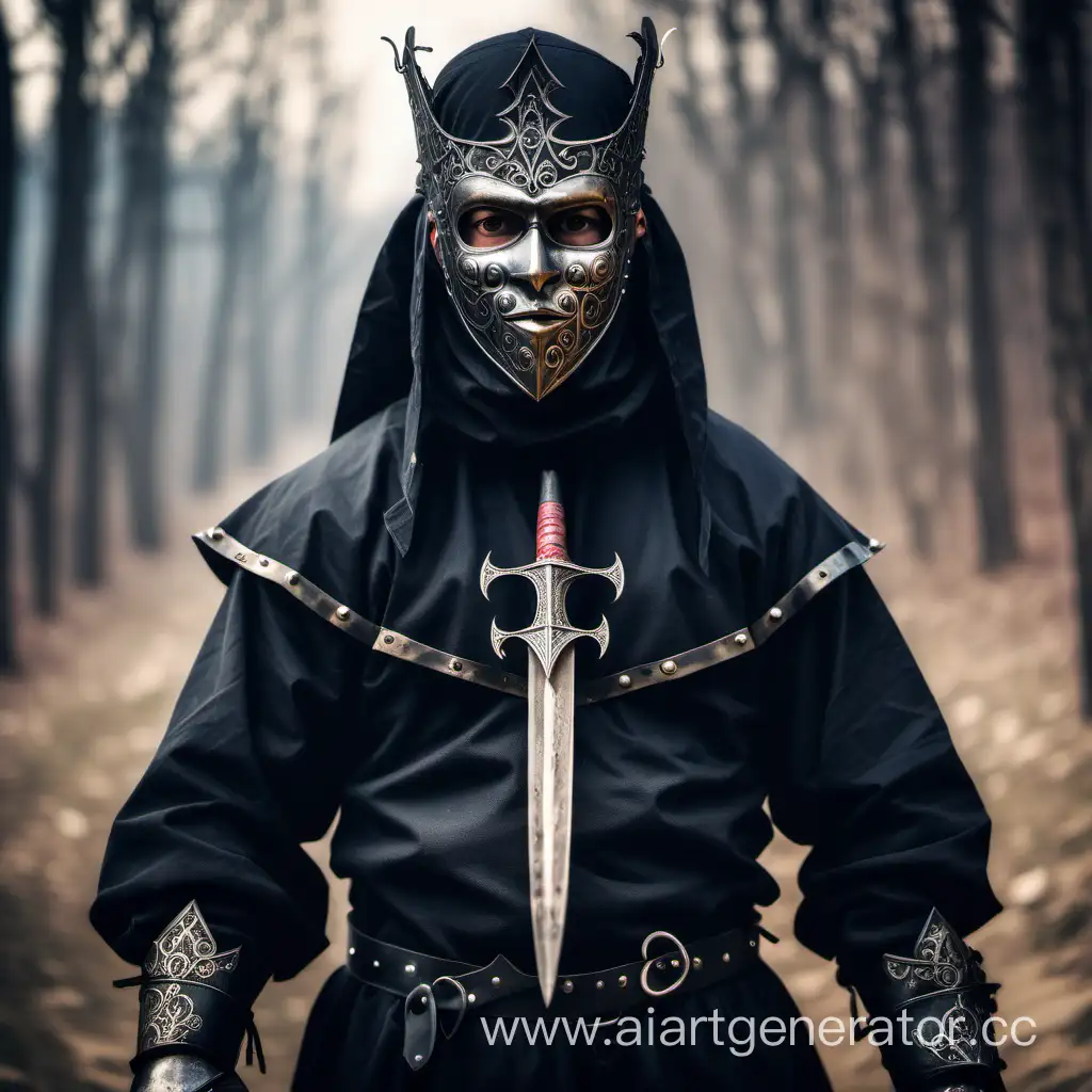 Medieval-Shish-Parkourist-in-Black-Attire-with-Metal-Mask