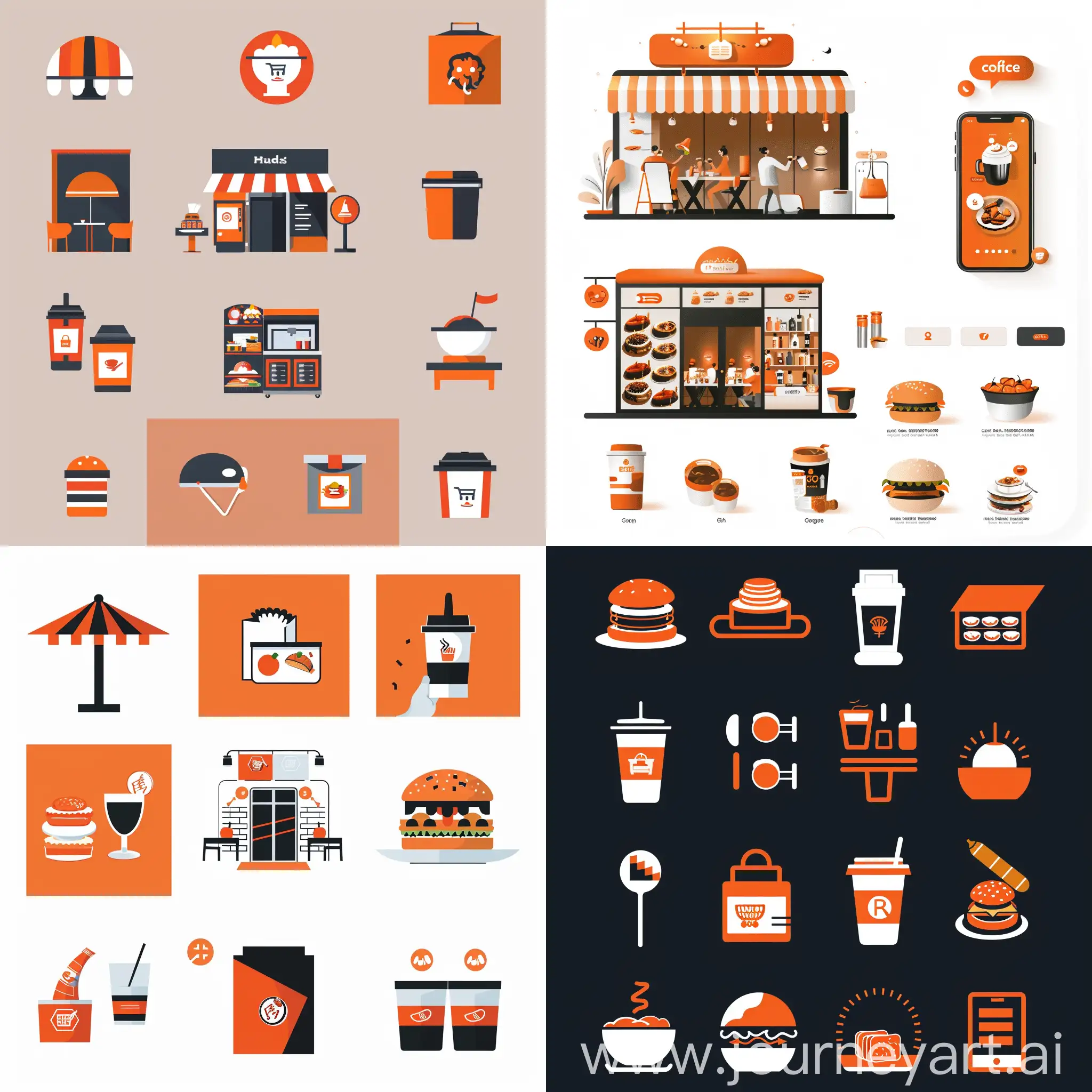 a modern restaurant, online group buying, ordering food, bright orange color scheme, a set of icons, clean and simple design, high resolution, digital illustration, recognizable symbols for easy user navigation