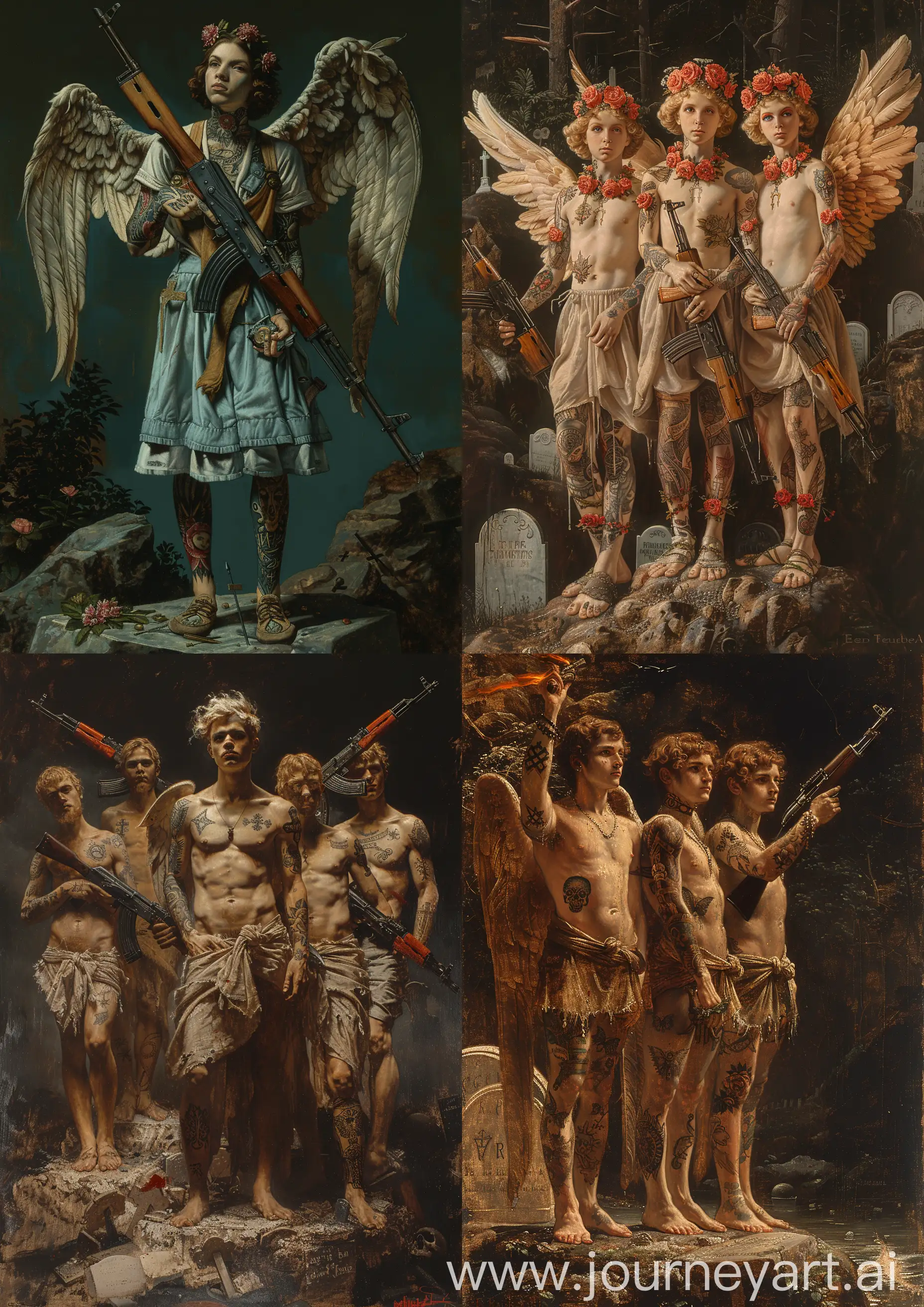 Edward Burne-Jones painting Painting in a cemetery of a group of tattooed angels wearing aesthetic clothes. One of them holds a Kalashnikov, standing on a rock, retro tones, high detailed, full body —c 22 —s 750 —v 6.0 —ar 5:7