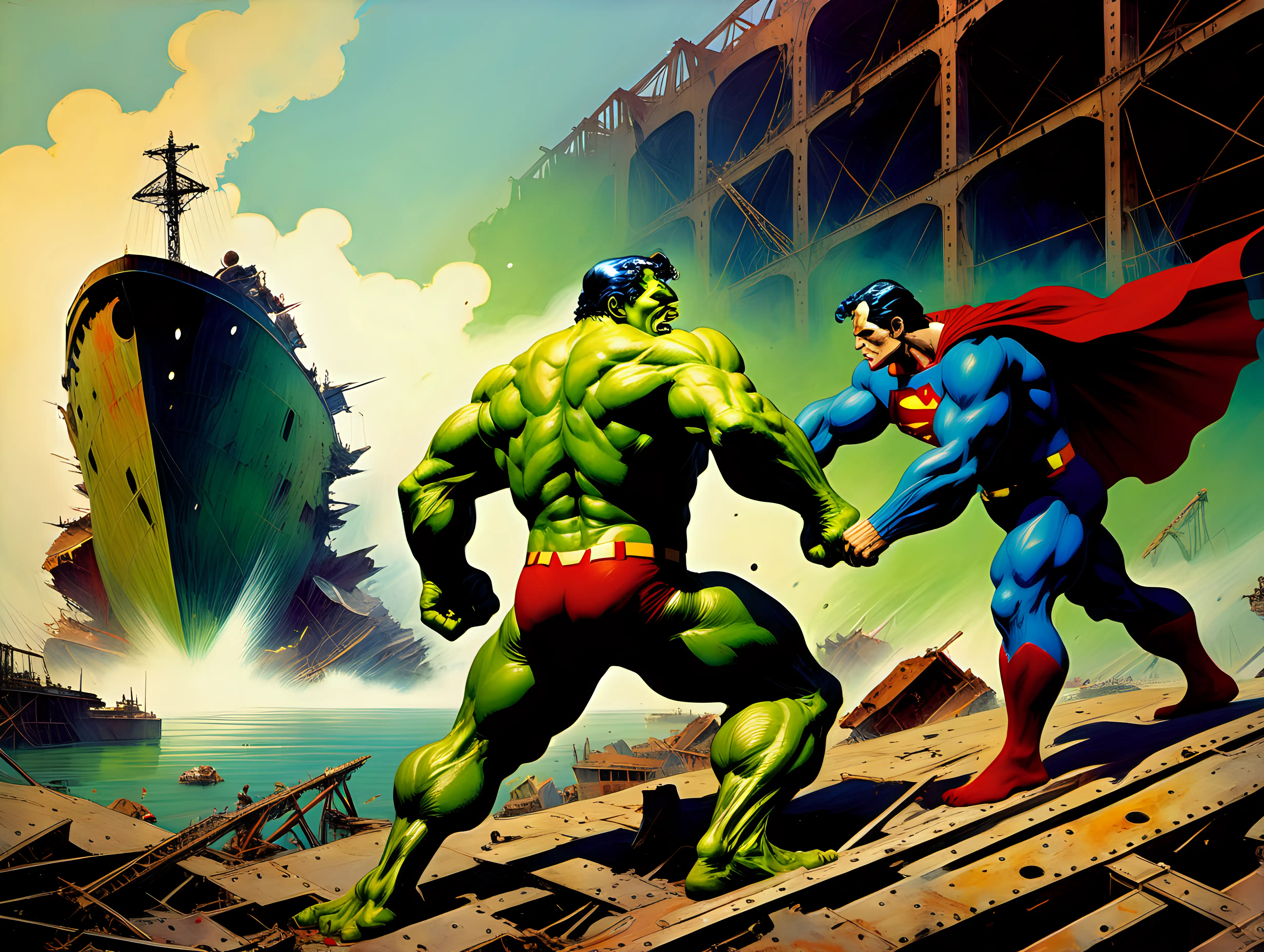 Frank Frazetta style Superman fights the hulk in an abandon shipyard