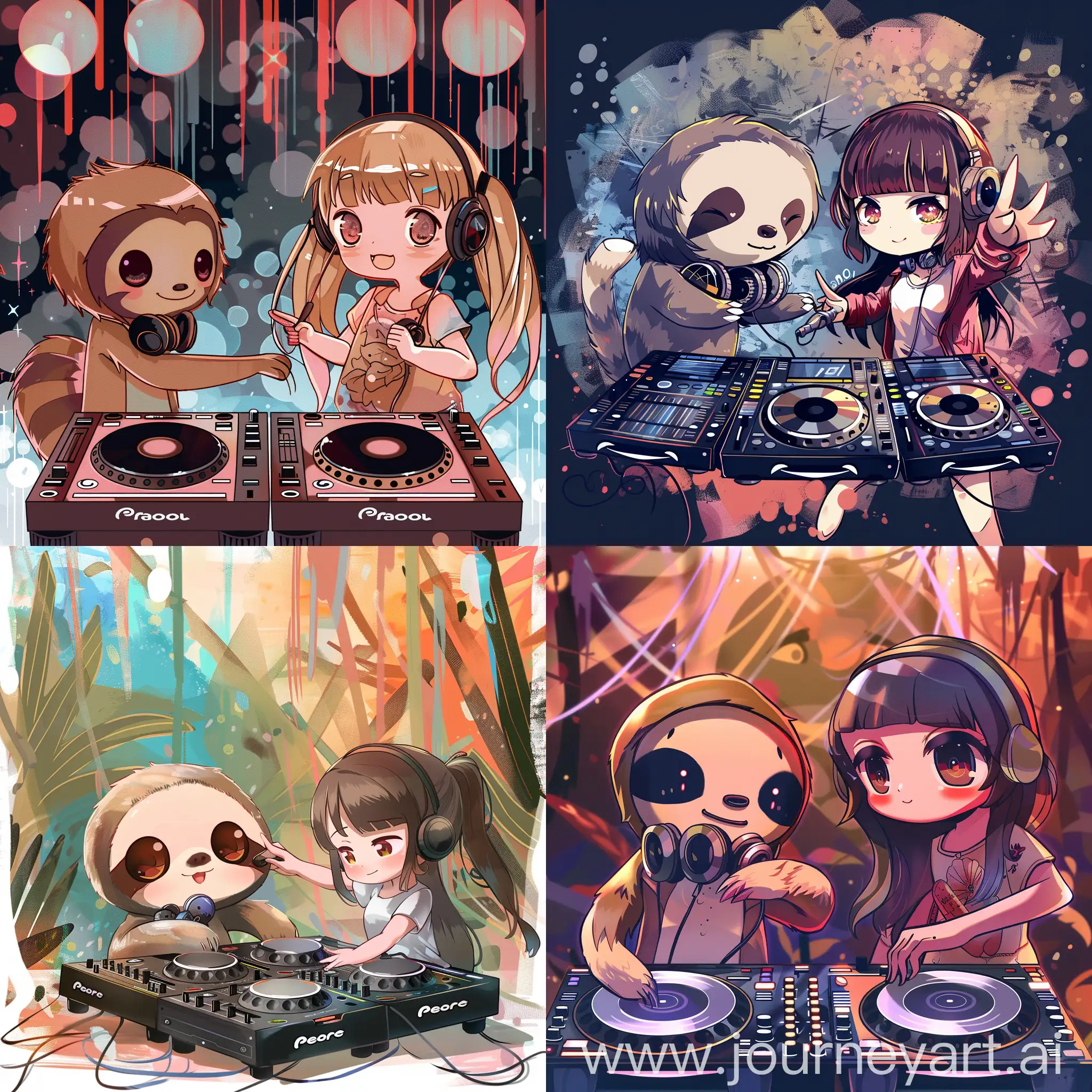 chibi sloth and anime girl playing dj, with abstract background, 
