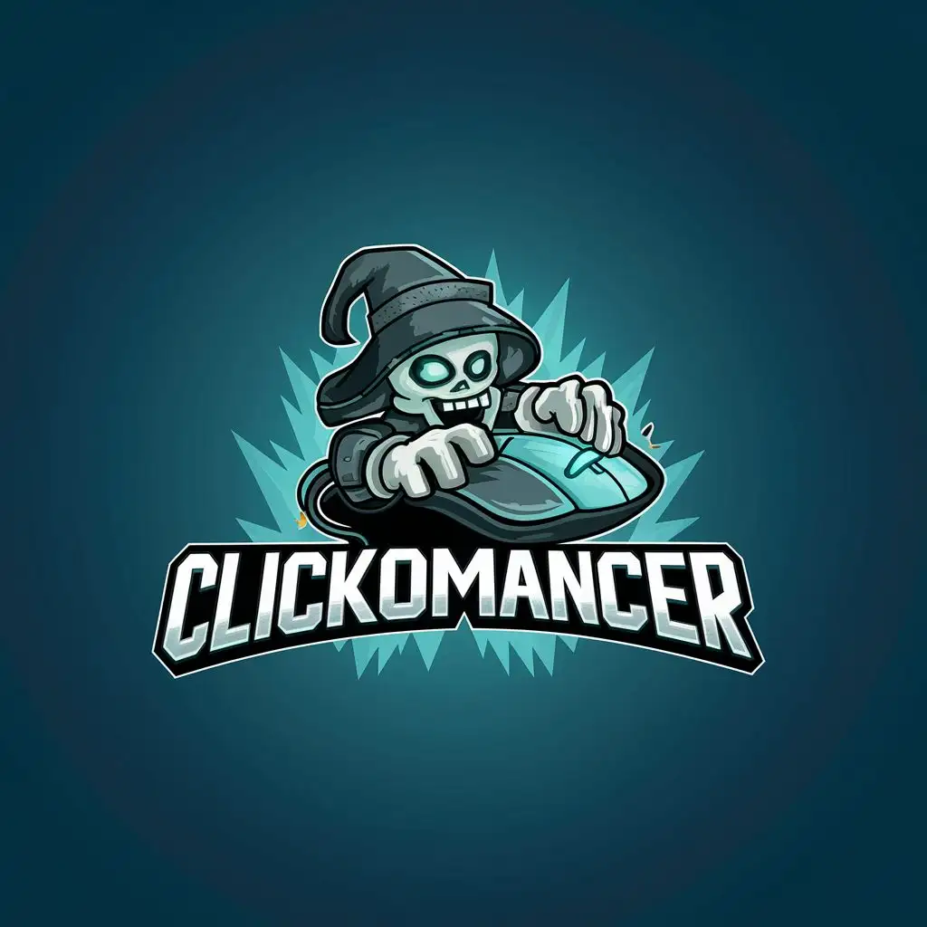 logo, clicking gaming mouse by a Necromancer, hand drawn cartoon style, with the text "Clickomancer", typography, be used in Entertainment industry