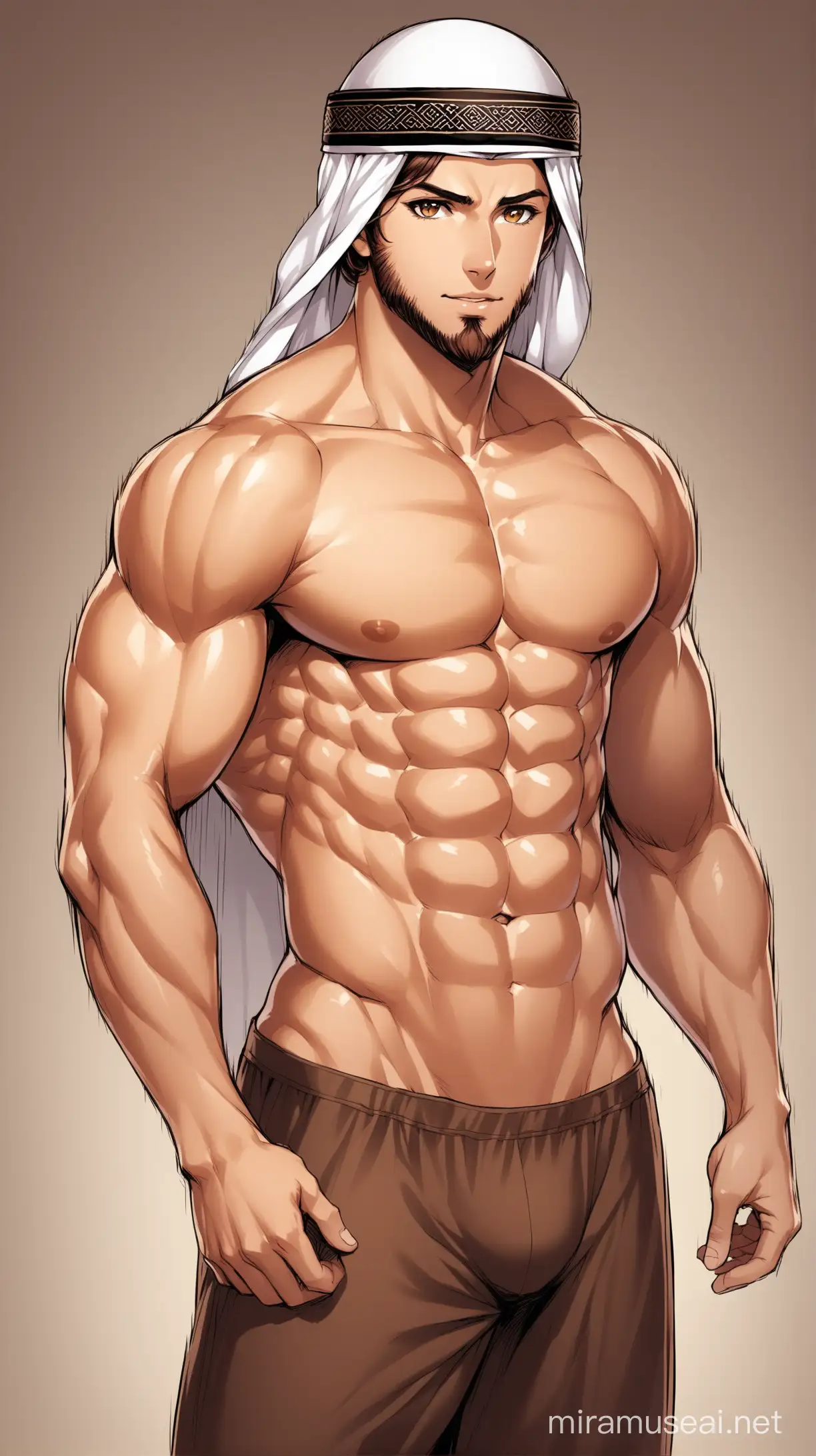 Muscular Man with Brown Eyes and Arabic Hat Showing Abs