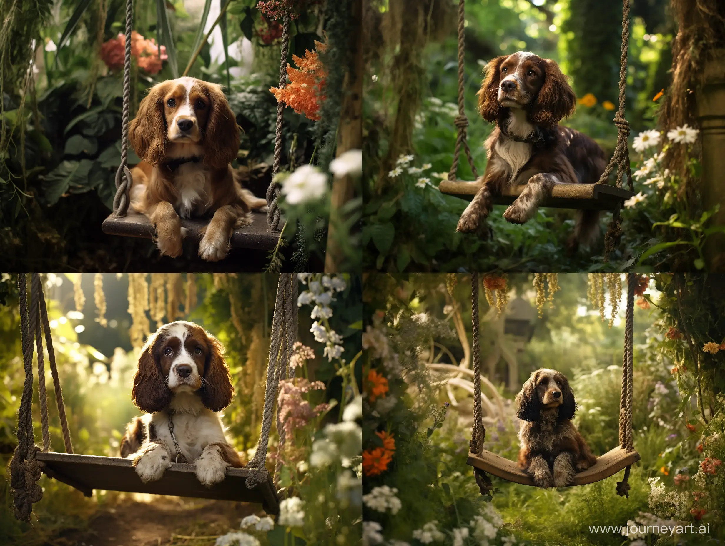 A spaniel sitting on a swing, overgrown garden, high resolution photograph, cinematic shot