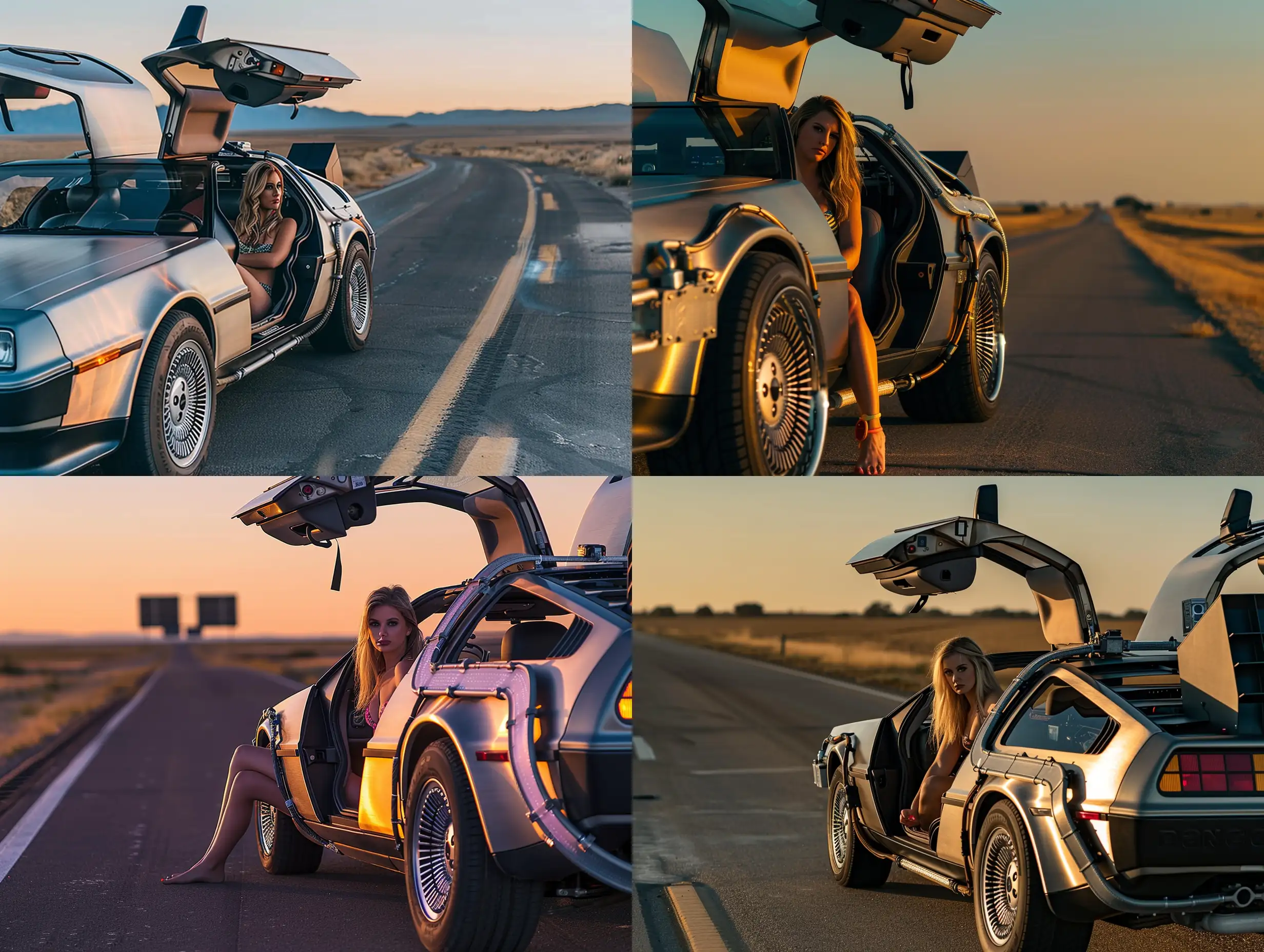Close-up Side view of Back to the Future delorean on deserted road with door open and blonde in bikini sitting in front seat looking at camera, dawn, stunning photography