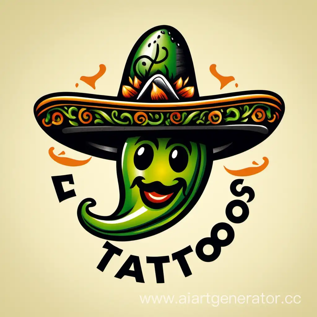 логотип с названием El tattoo’s на котором изображен зеленый перец халапеньо в мексиканской шляпе, в черно оранжевом стиле
