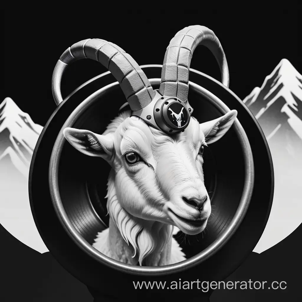 Stylish-Black-and-White-Goat-with-Metal-Logo-on-Mountainous-Background