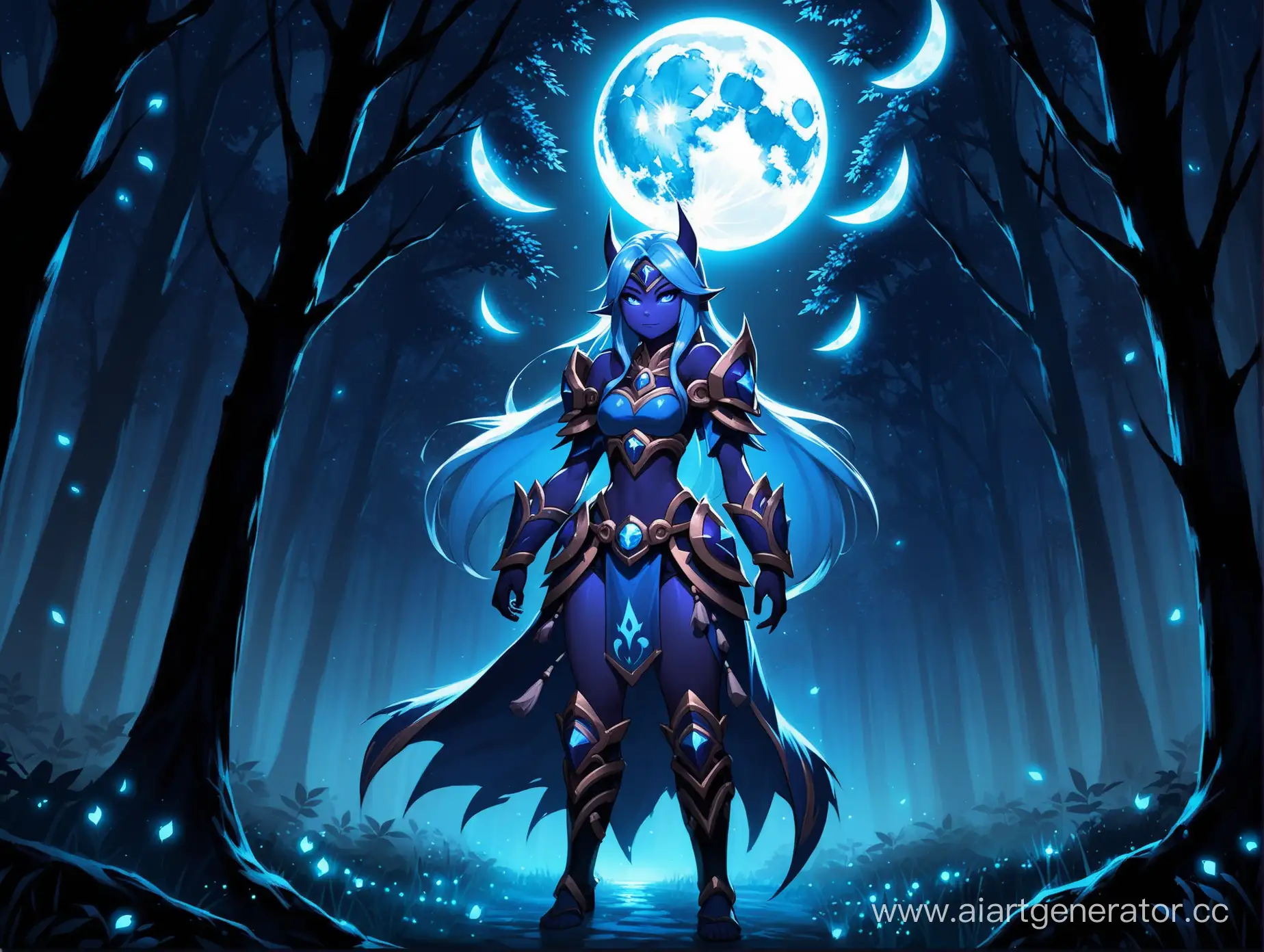 Luna from dota 2 in the dark forest with a shining moon