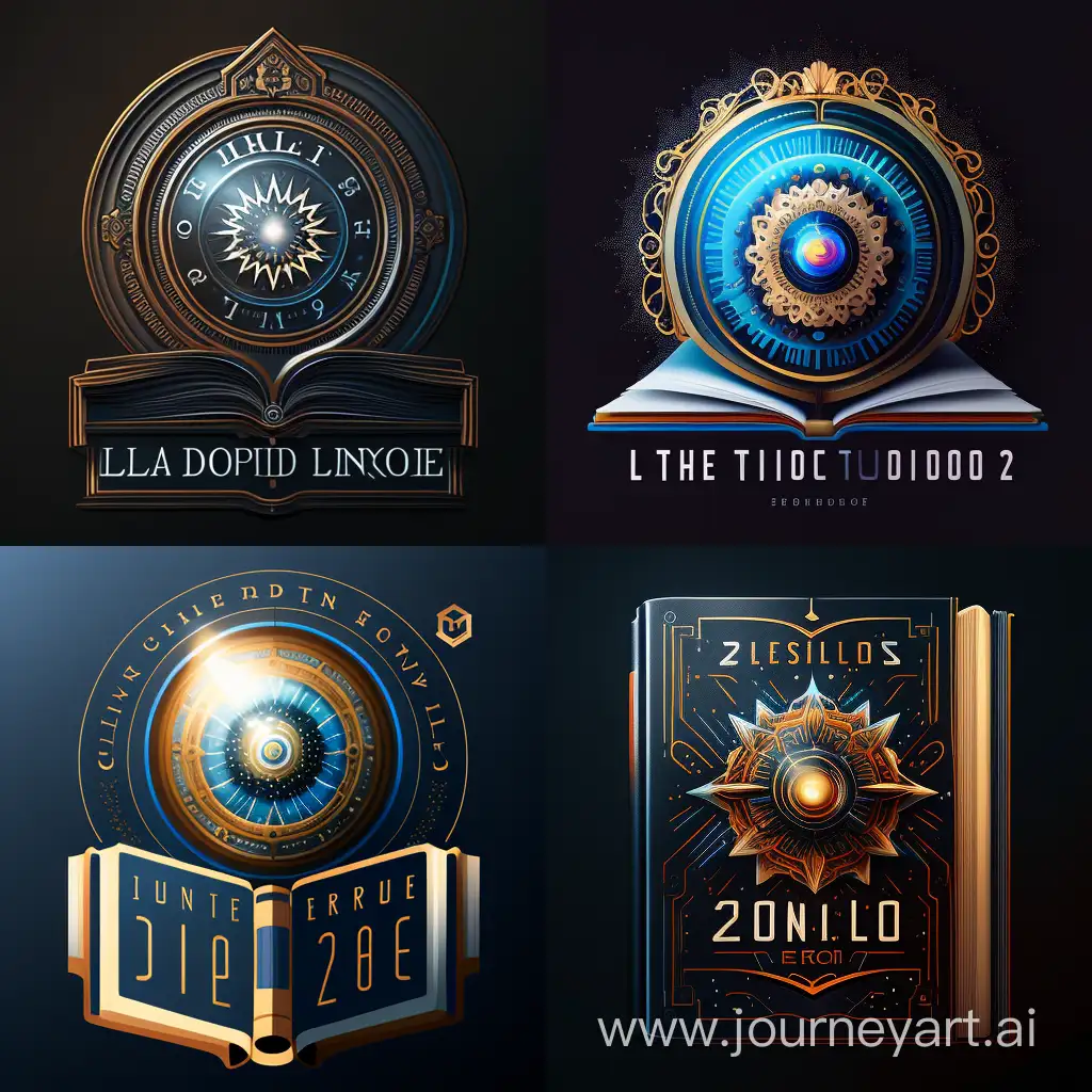 Logo, flat 2D logo with a time line at the base, an image of a clock, the long history of the universe, the whole life of the universe from its inception, high-tech details, the singularity of the universe on an open book and its pages