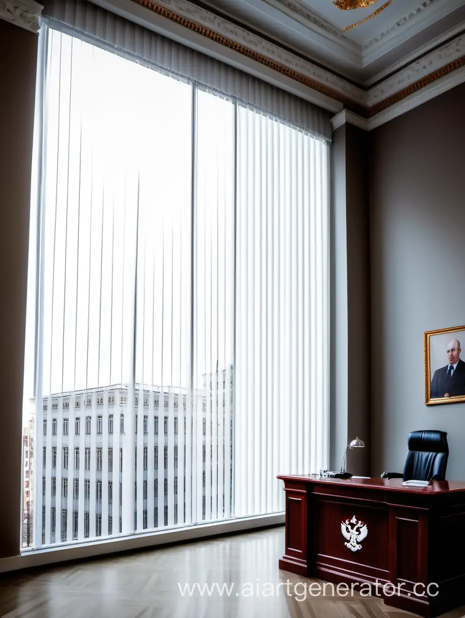 сделай  мне офисное пространство с белыми вертикальными жалюзи на окне с  наложенным по перспективе логотипом  Казначейства России 