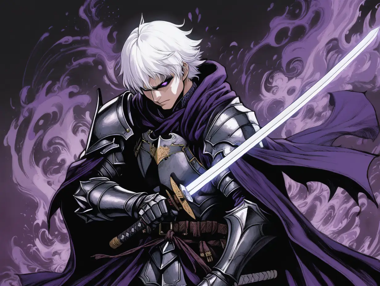 illustrate a full bodied short white haired dark knight between the age of 20 and 24, holding a nodachi sword. Illustrate the knight having a purple and black aura emanating from him.