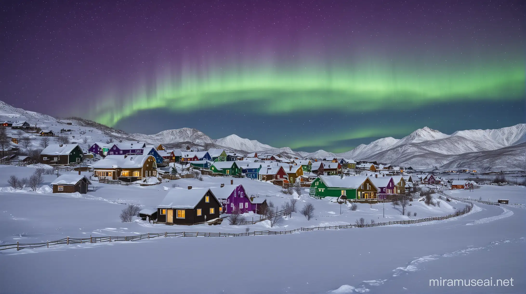 Within the Snow-Covered Village, the Aurora Plays with Colors in the Night Sky. The Green and Purple Lights Reflect on the Houses Hidden Behind Layers of Snow, Creating a Captivating Scene Amidst the Tranquil Silence of Winter