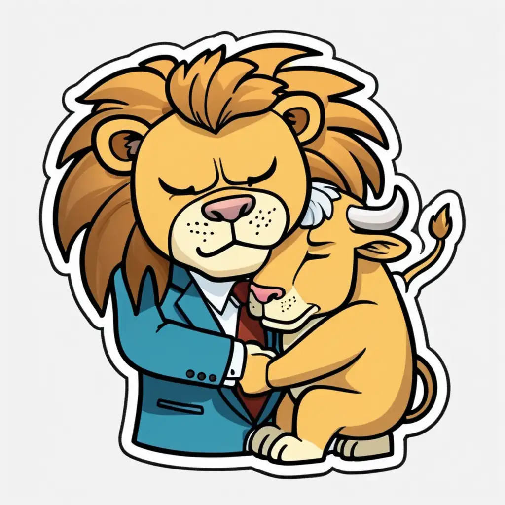 lion in suite hugging a bull. CARTOON STYLE STICKER
