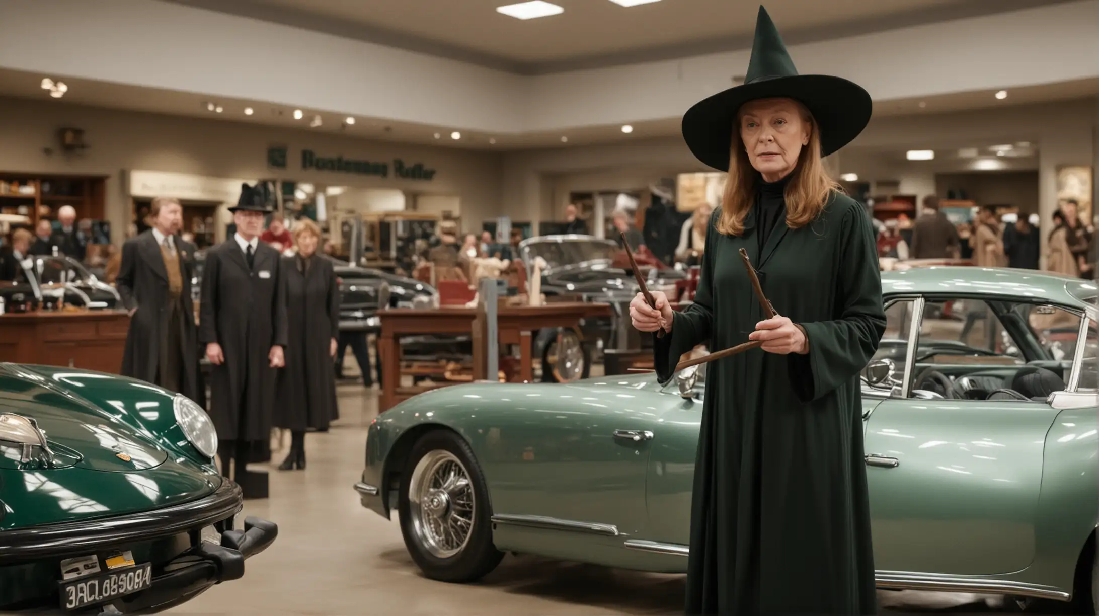 We see McGonagall from Harry Potter in a Porsche shop. She is standing in the middle of the showroom in her costume, looking at a model car. She has a wand in her hand, a long hat.