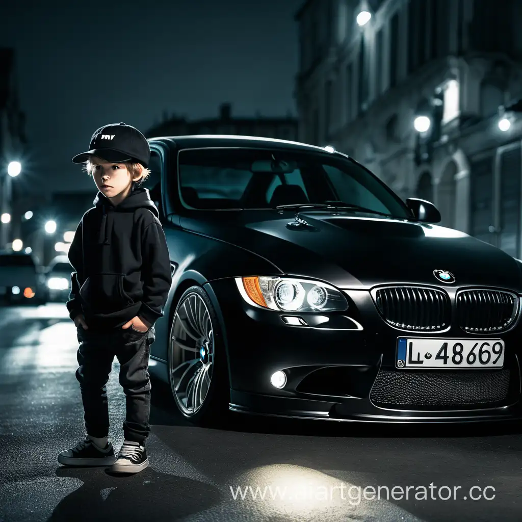 Ночь, мальчик в  чёрной кепке возле BMW e90
