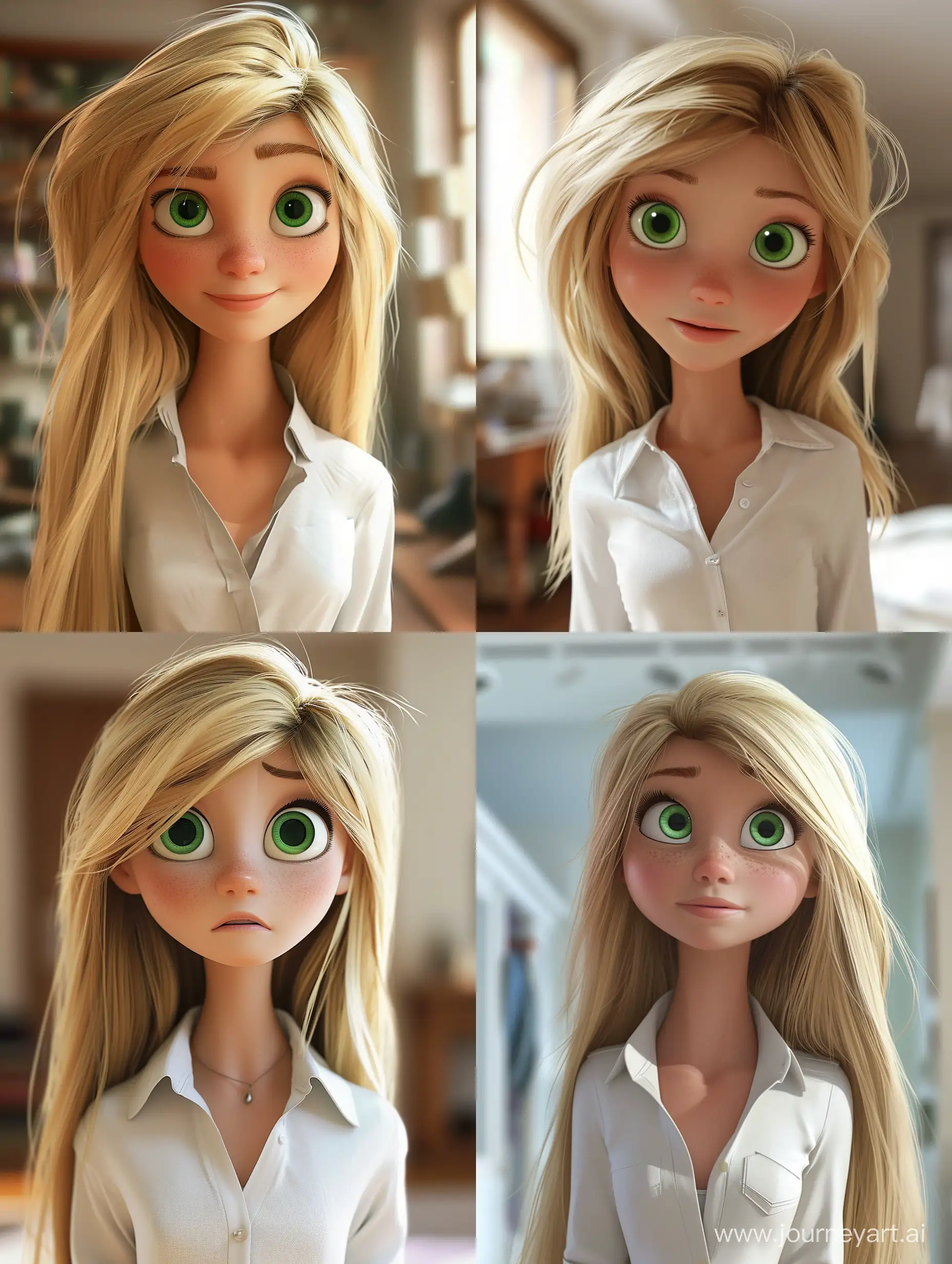 blonde tall girl, pixar animation style, green eyes, wearing a white shirt