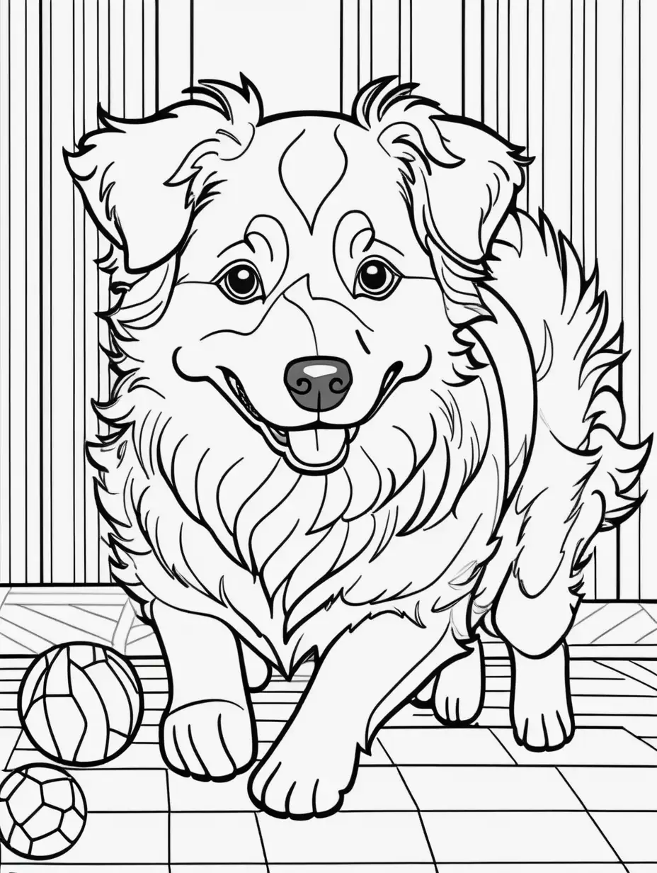 An adult coloring book page  of mini Australian shepherd  playing with a ball outside  thick lines, no shading —s 500