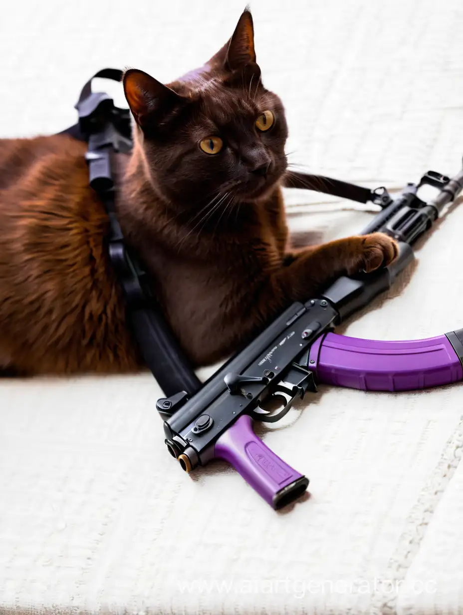 minimalistic cat holding AK-47 on purple