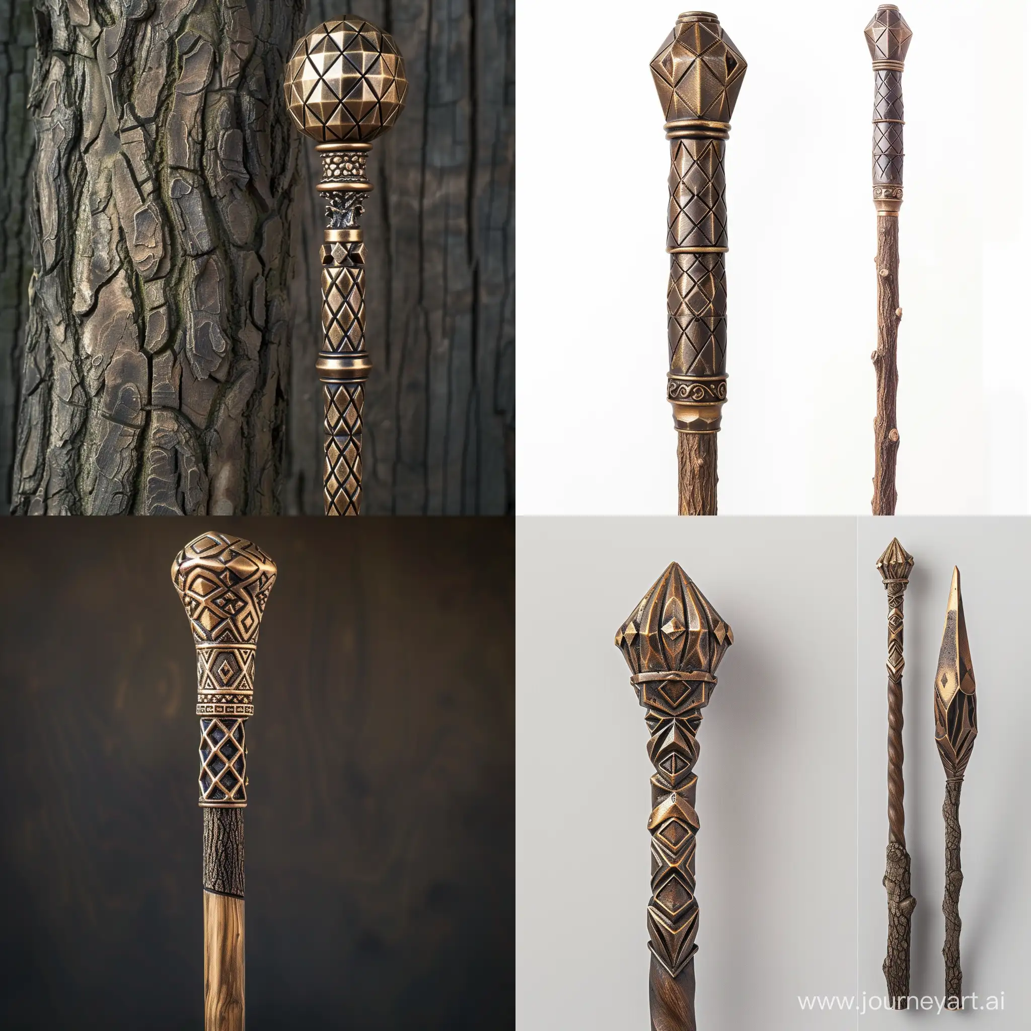 A fantasy-style cane with geometric decor, similar to the architecture of dwarves, the head of the cane is made of bronze, the tree of the shaft is oak, HD, detailed
