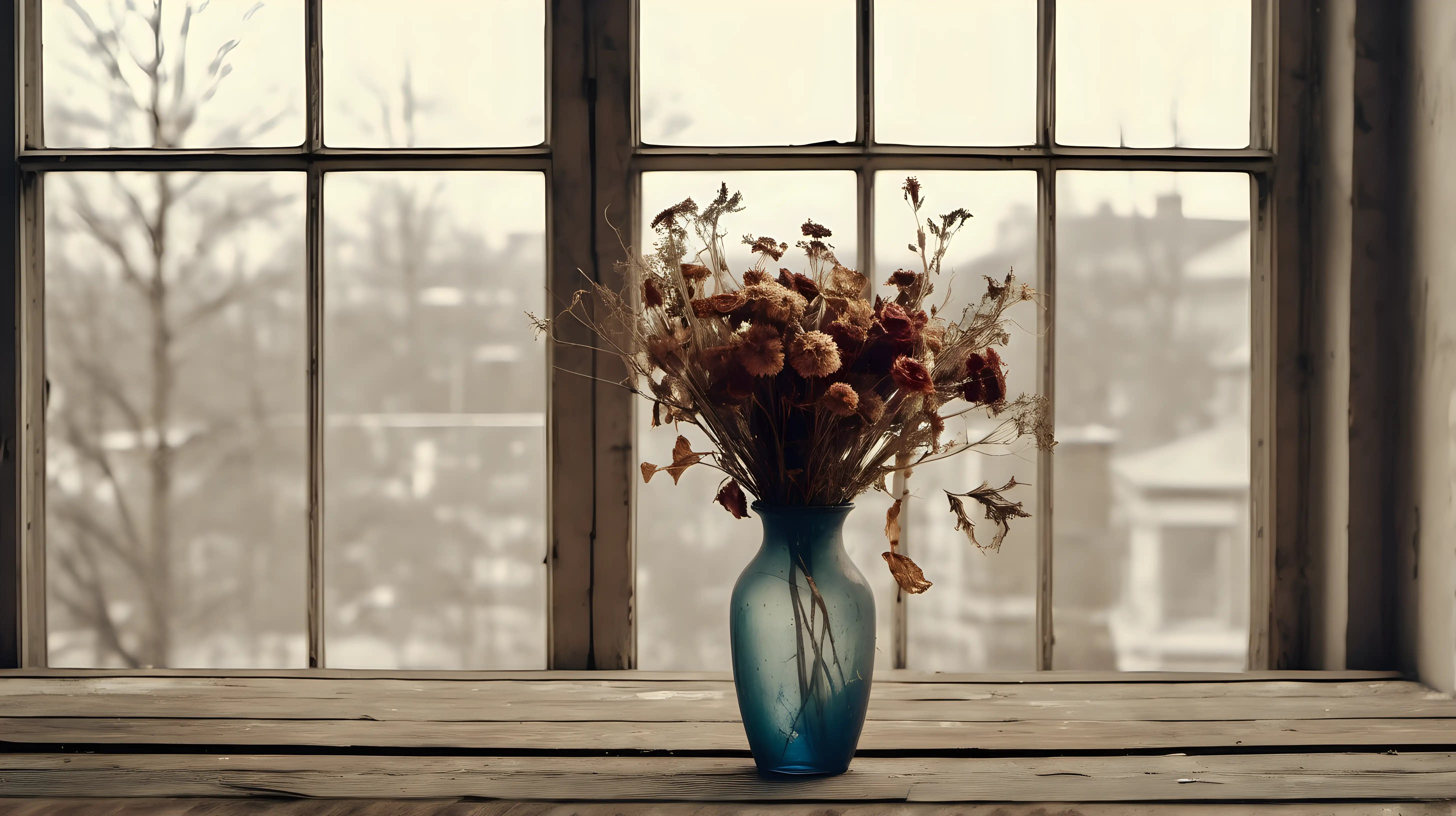 dried flowers in a vase on old table in front of a window large room grunge 