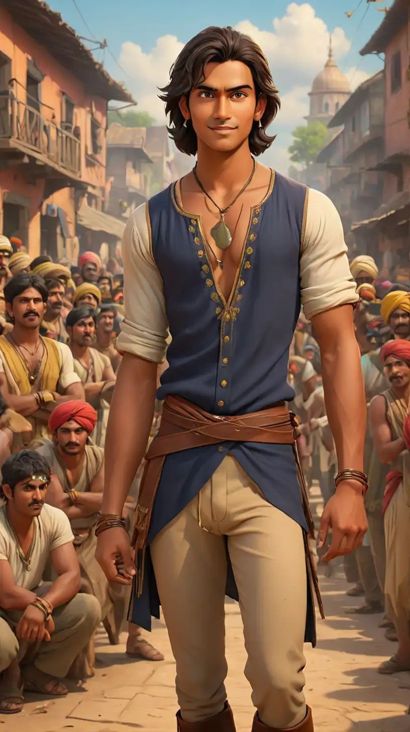 Create a 3D illustrator of an animated scene where a 18th century a young attractive man, with Indian skintoned, is standing in the middle of the crowd of village people. Beautiful colourful and spirited background illustrations.