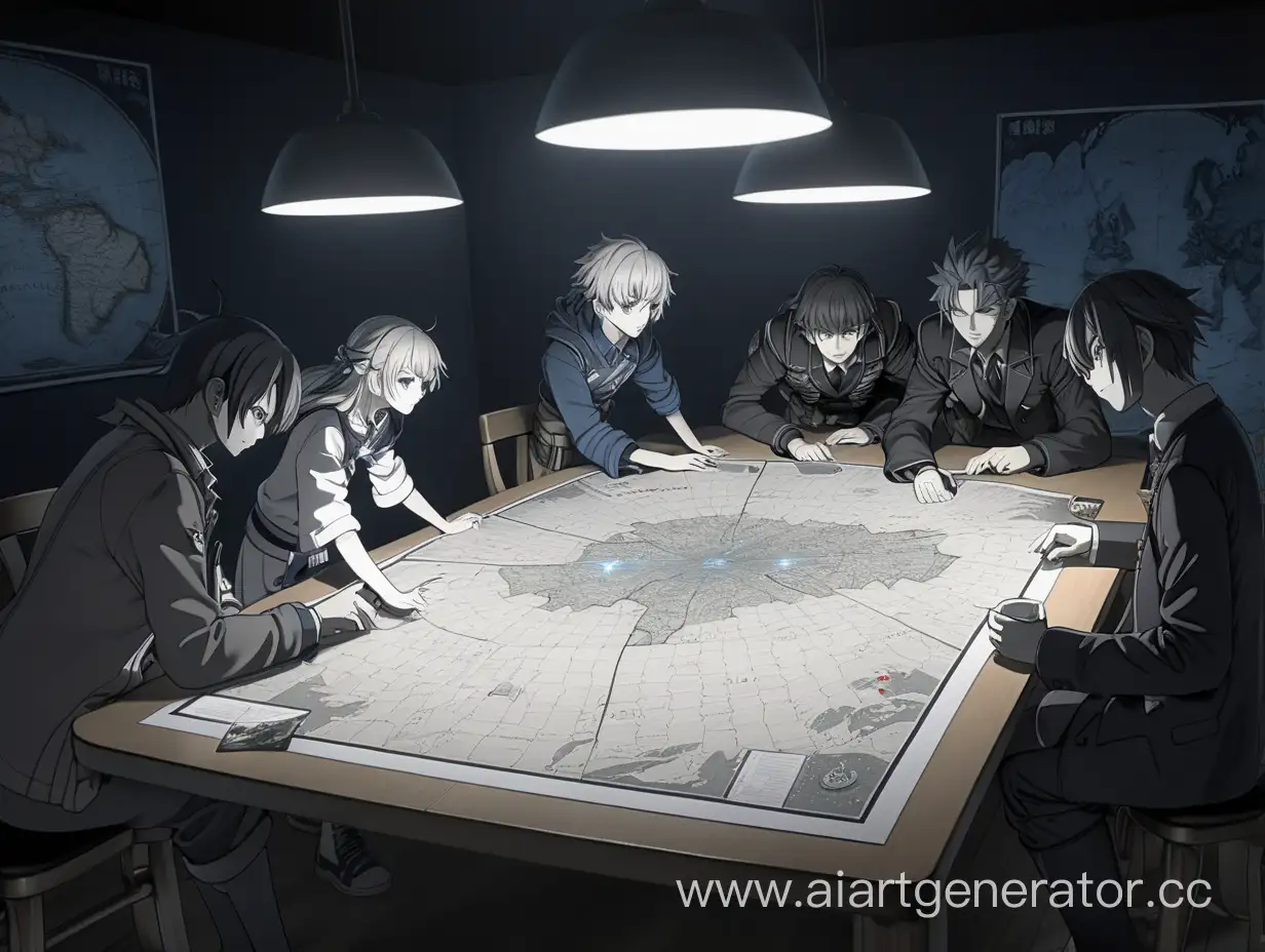 In a dark room, the people are actively playing on the table, where a map of the area is unfolded, where the signs of the heroes stand. anime