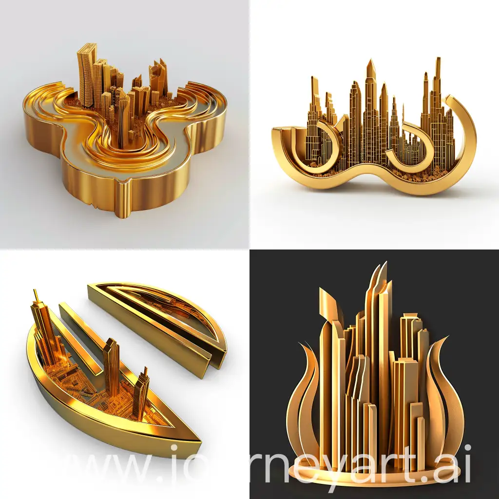 Design a 3D golden logo for me with the theme "Pergas Sahar Gharb" in relation to the designer and consultant in the preparation of urban plans and maps and design projects in the form of three beautiful golden parts in the form of a modern city 1 million years from now.  18k image quality as PNG file without background