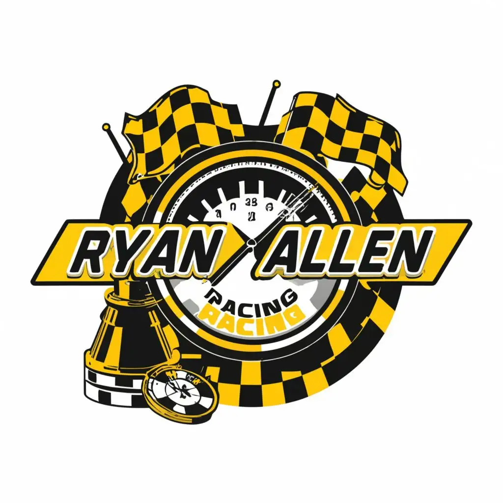 logo, Tire Checkered Flags Timer yellow, with the text "Ryan Allen Racing", typography
