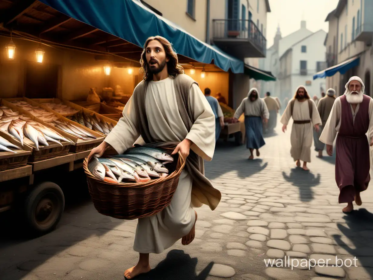 Jesus Christ runs away from the fishmonger's stall holding a large basket full of fish. He looks sideways to see if anyone is following him. Detailed photograph, panoramic view, friendly atmosphere.