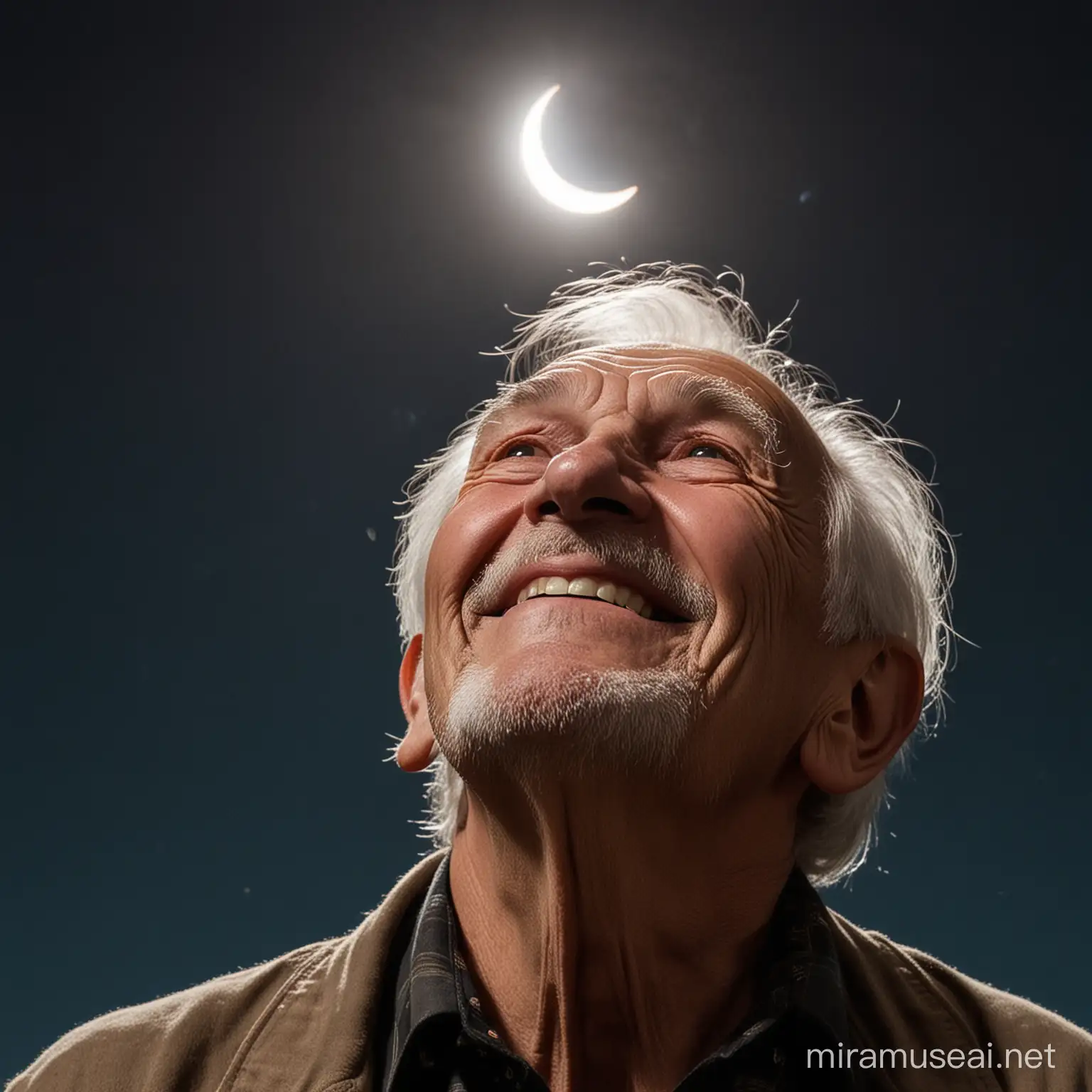 Old man smiling looking up during an eclipse at night