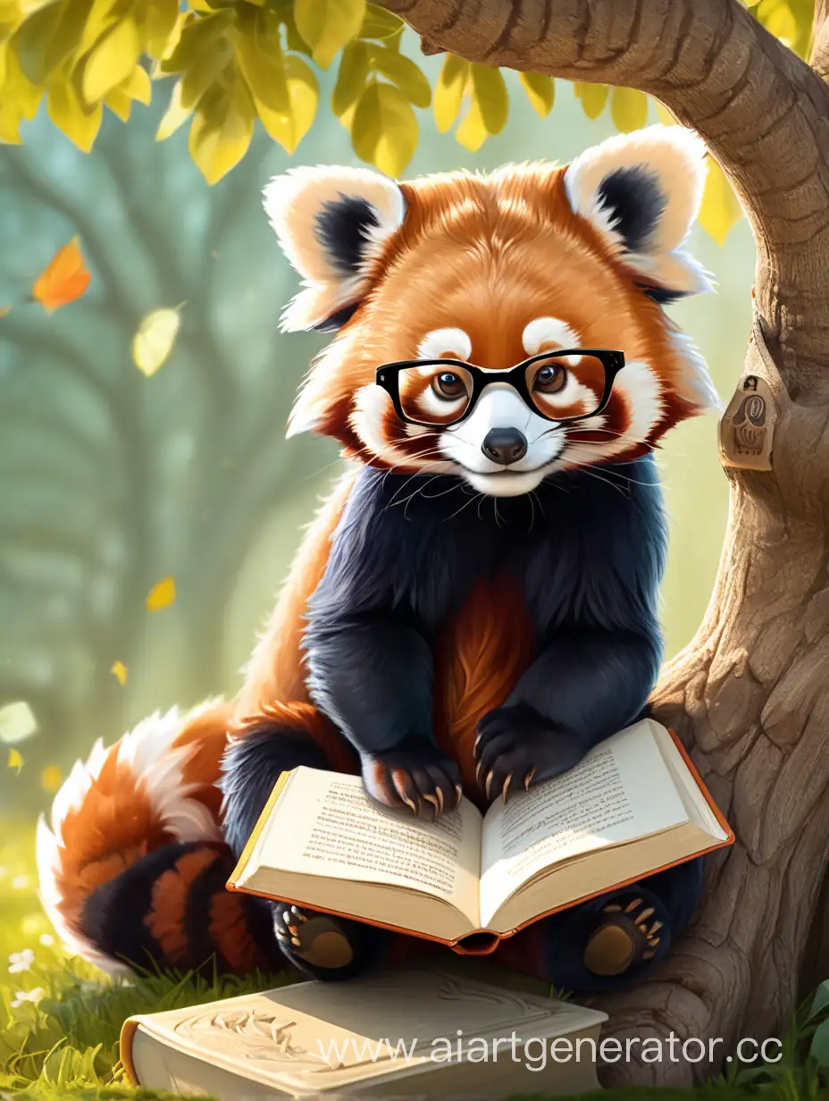 Красная малая панда в очках читает книгу сидя под деревом