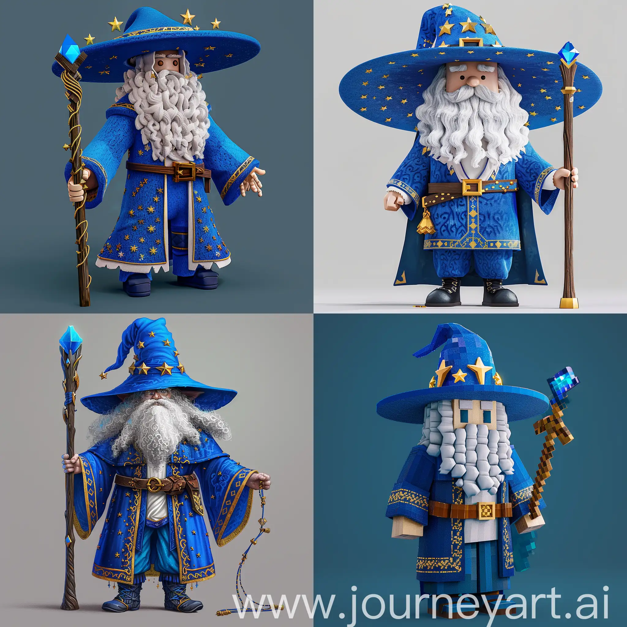 This is a concept art of a wizard in Minecraft. It features a wide-brimmed blue wizard's hat with gold stars on top of it, a blue long-sleeved robe embroidered with gold threads, a white shirt underneath with blue pants tucked into black boots, accessories, a golden belt with a star-shaped buckle, and a long, curly white beard. a wooden staff topped with a blue crystal.The primary hue used in the color scheme is blue, in the vein of Minecraft.