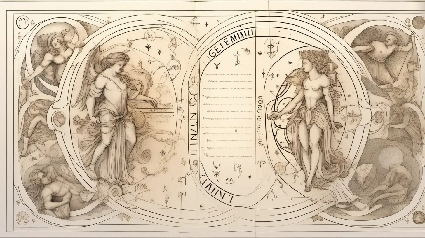 Renaissance Style Gemini Zodiac Sign Descriptions on Light White Page