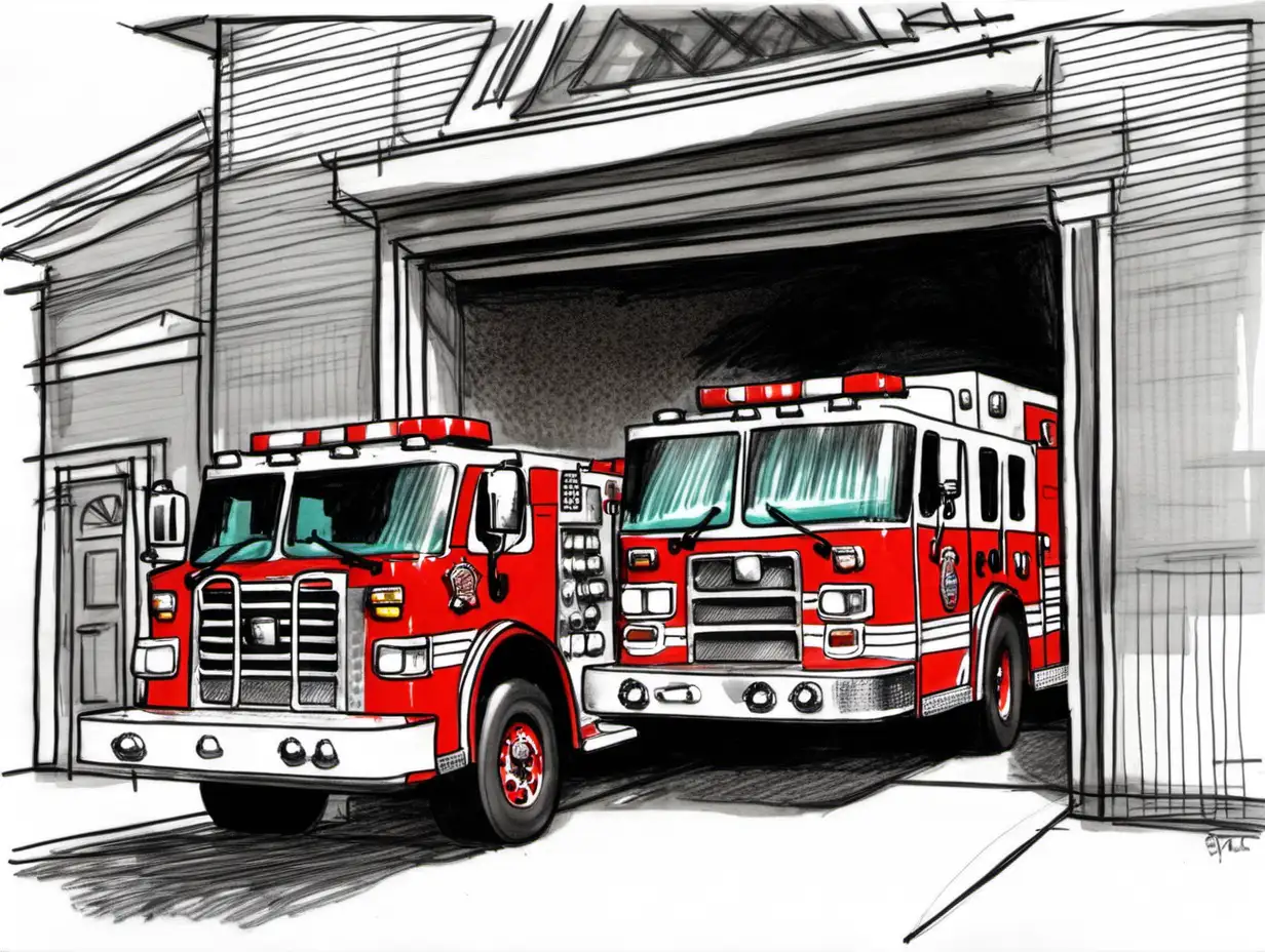 firetruck pulling out of the firehouse,halfway out the door,felt tip sketch