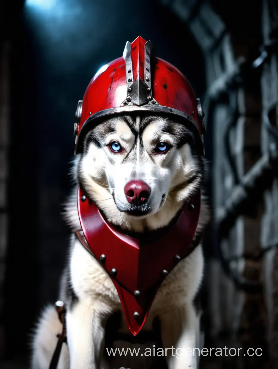 Majestic-Husky-Wearing-Red-Glass-Helmet-in-Enchanting-Dungeon