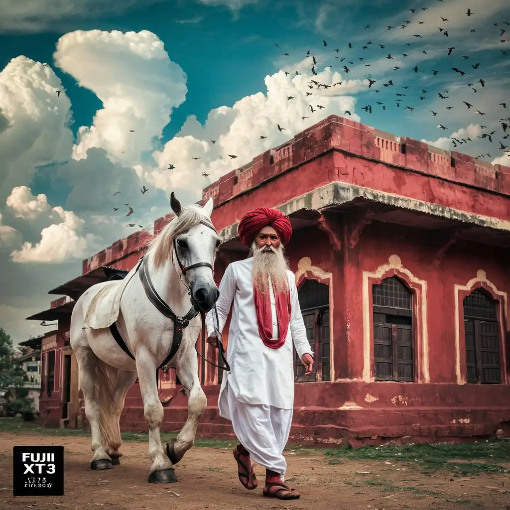  80 old years rabari man white beard red turban white clothing  is walking white white horse before old red building full wide body cloudy sky with birds fotorealistisch detailted fuji xt3