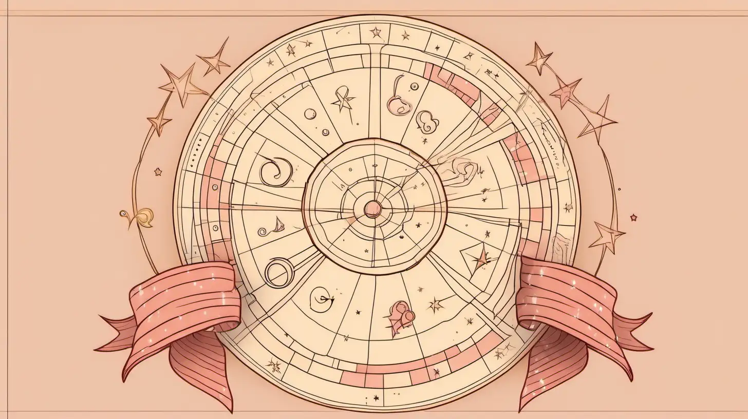 ASTROLOGICAL WHEEL,  love, first step, Loose lines. Muted color, ADD ribbon style BANNER 